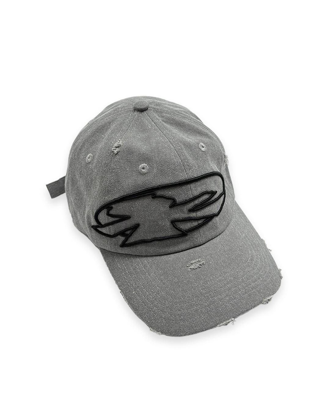 The V1da Shoreline Cap is a distressed gray strapback, crafted from 100% cotton, with a bold black embroidered abstract logo on the front.