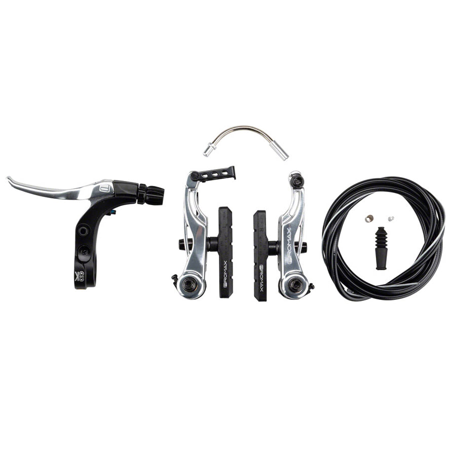 The Promax P-1 Click Mini V-Brake Kit 85mm, including brake arms and Click lever, is showcased against a clean white background.