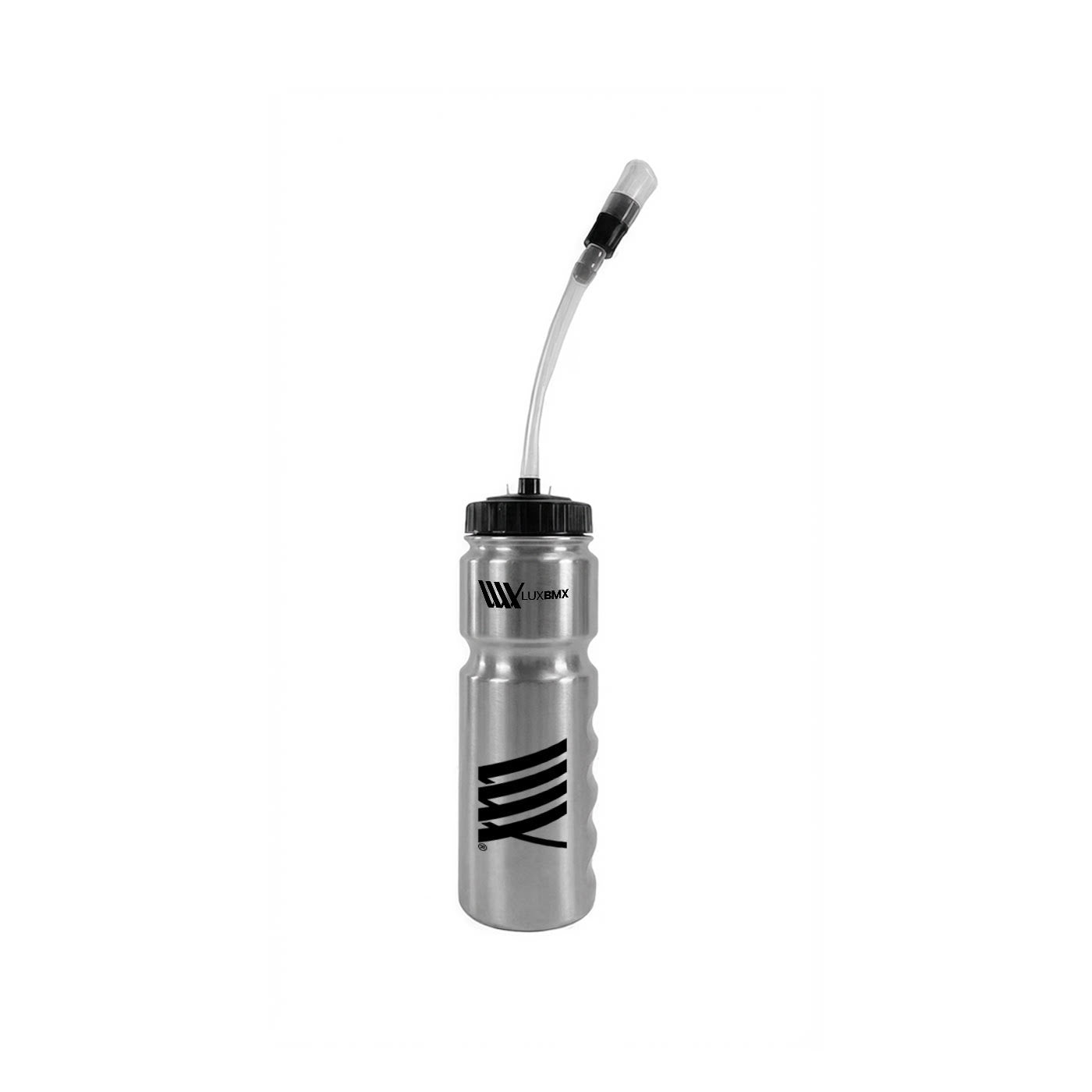 The LUXBMX Race Straw Water Bottle 750ml features a black lid and a long, flexible bite-valve straw—ideal for convenient hydration on the go.