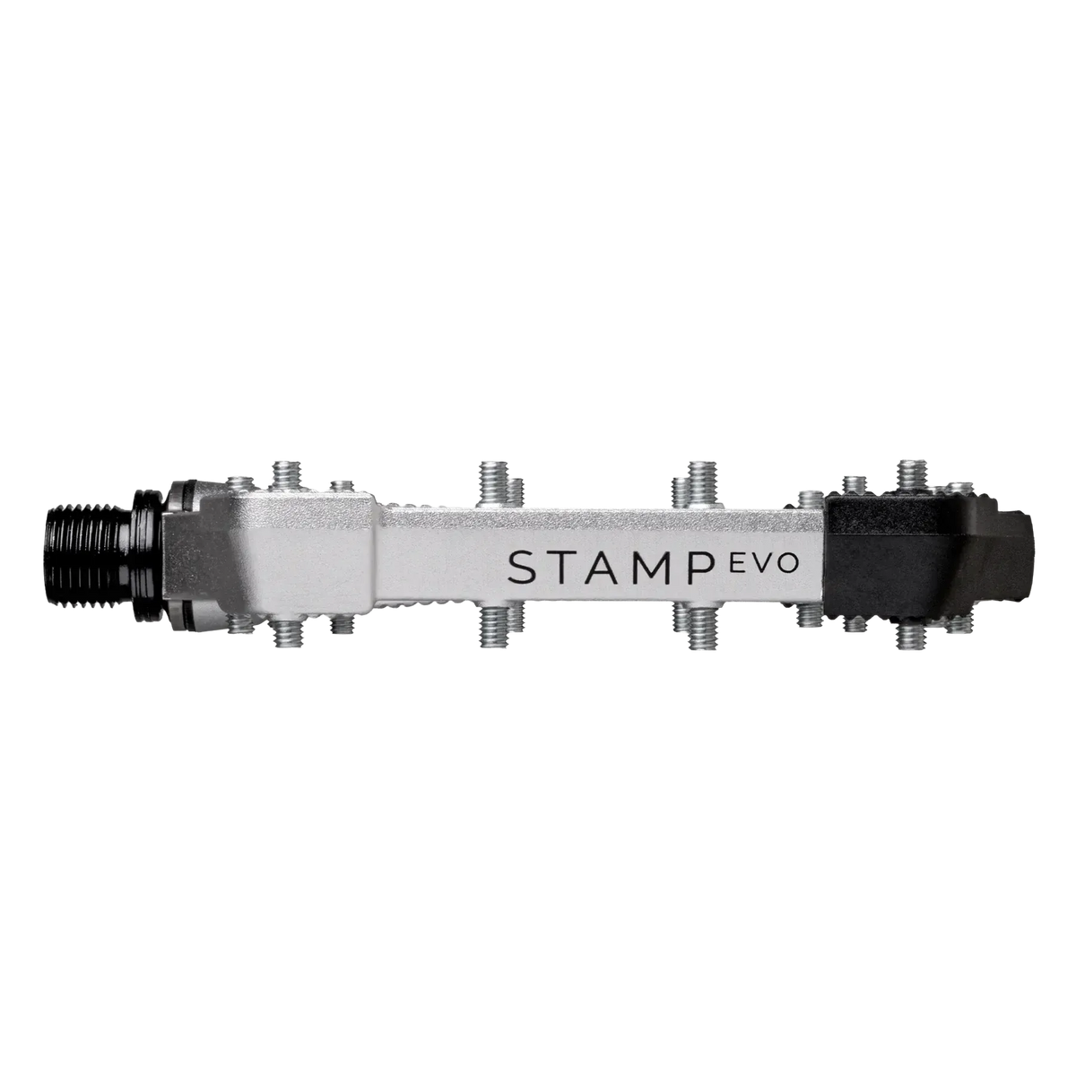 Profile view of Crankbrothers Stamp Evo Pedals (Large), showing a large platform flat pedal with metal traction pins and the text “STAMP EVO” on the side.