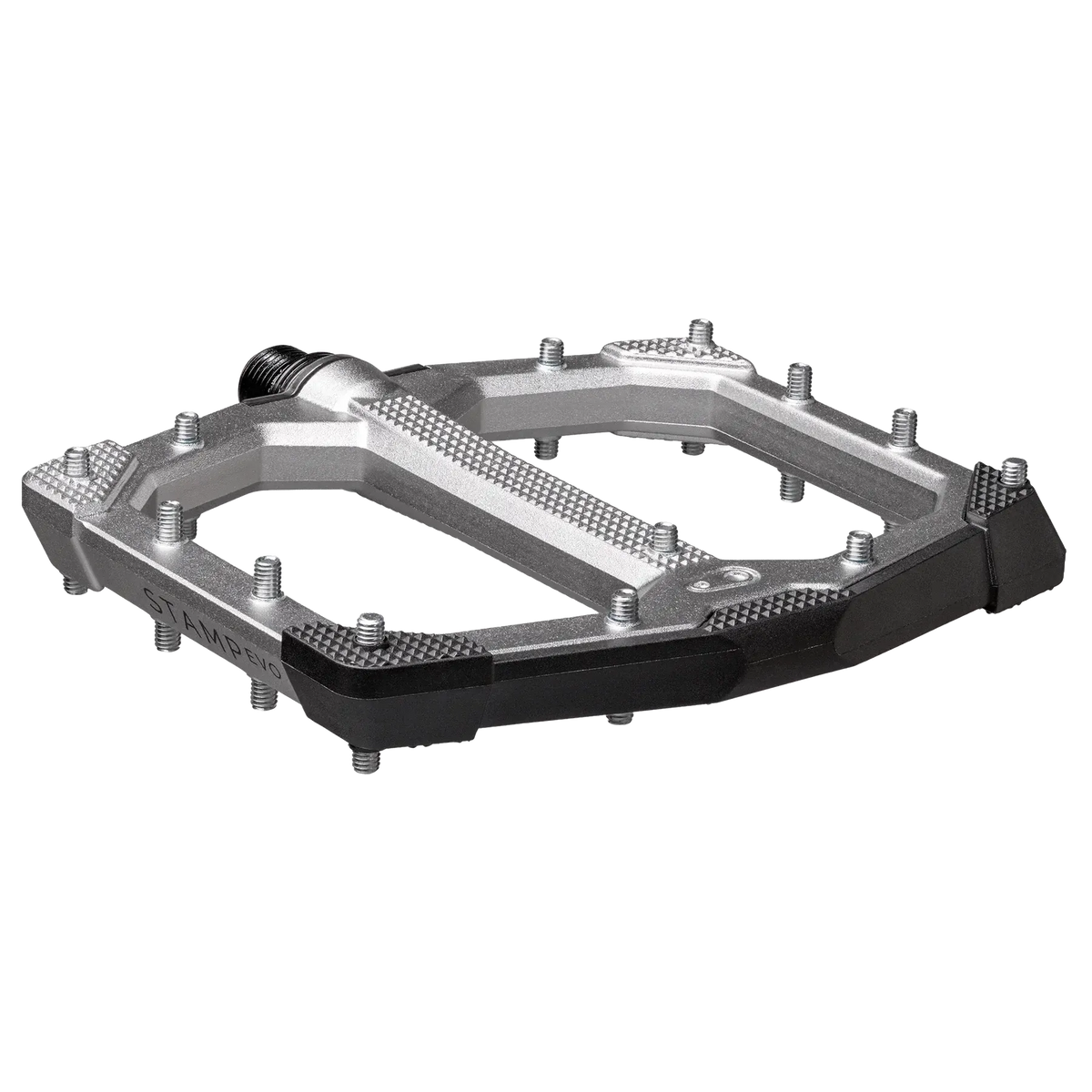 Crankbrothers Stamp Evo Pedals (Large) featuring a silver platform with adjustable metal traction pins and black plastic side bumpers.