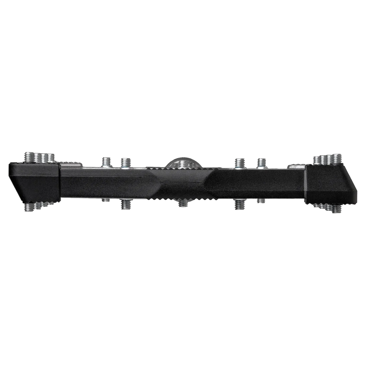 Profile view of black Crankbrothers Stamp Evo Pedals (Large), featuring a flat, large platform with adjustable pins.