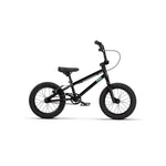 The Radio Revo 14 Inch bike, shown in profile on a white background, is a black BMX kids’ bike with 14-inch wheels, padded seat, and front and rear hand brakes—ideal as a first bike.