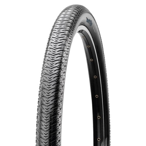 A black Maxxis DTH 20 Inch Folding Tyre on a white background, showcasing exceptional acceleration.