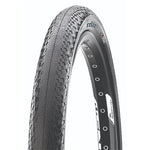 A close-up of the Maxxis Relix Silkworm Folding 20 inch Tyre, featuring a textured tread for racing performance and mounted on a rim with visible spoke holes.