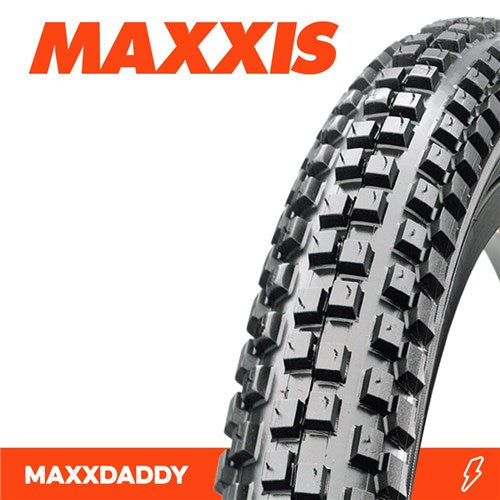 Close-up of the Maxxis Maxx Daddy 20 Inch Tyre, showcasing its knobby tread. The Maxxis logo appears at the top, with "MAXXDADDY" below—perfect youth bike tire for dirt jumps and off-road riding.
