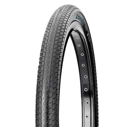 The Maxxis Torch Folding Silkworm 24 Inch Tyre features a lightweight design with a textured tread and multiple spoke holes on its metal rim, similar to the style used in Maxxis Torch cruisers, and is displayed upright against a white background.