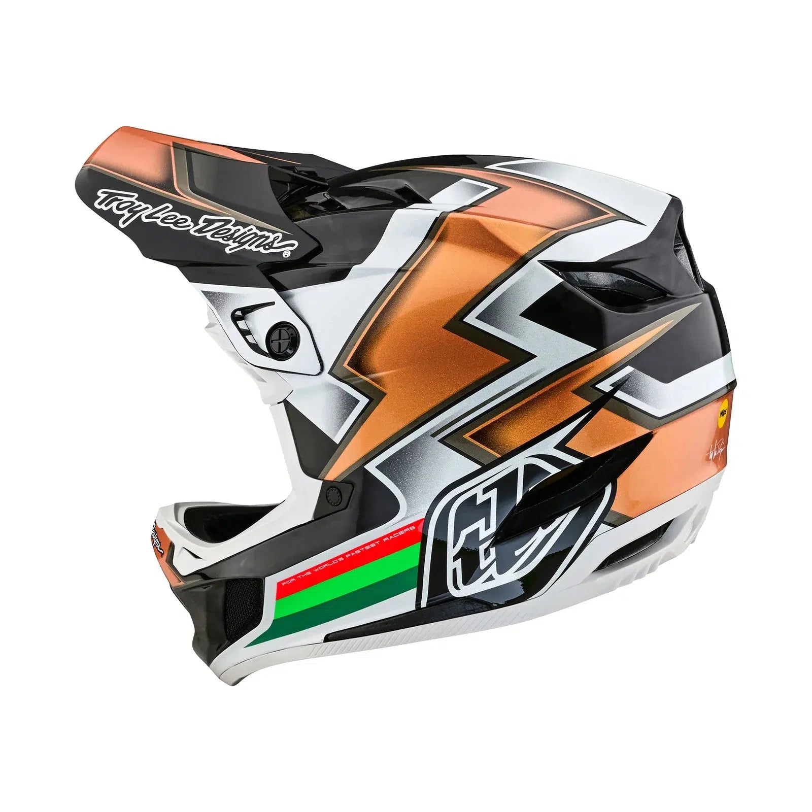 A TLD D4 Carbon AS Helmet W/MIPS Ever Black / Gold motorcycle helmet with a white background.