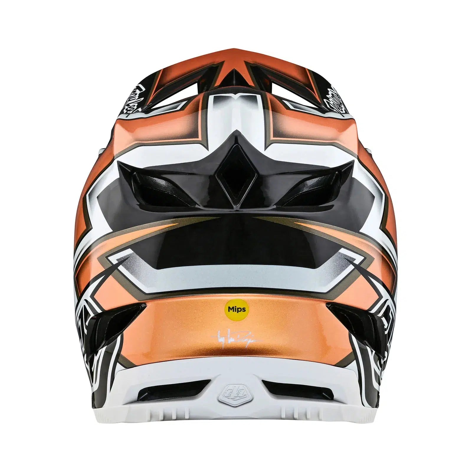 A TLD D4 Carbon AS Helmet W/MIPS Ever Black / Gold with an orange and white design.