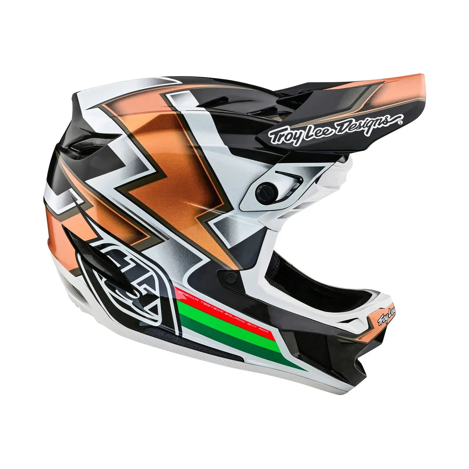 A TLD D4 Carbon AS Helmet W/MIPS Ever Black / Gold with a white background.