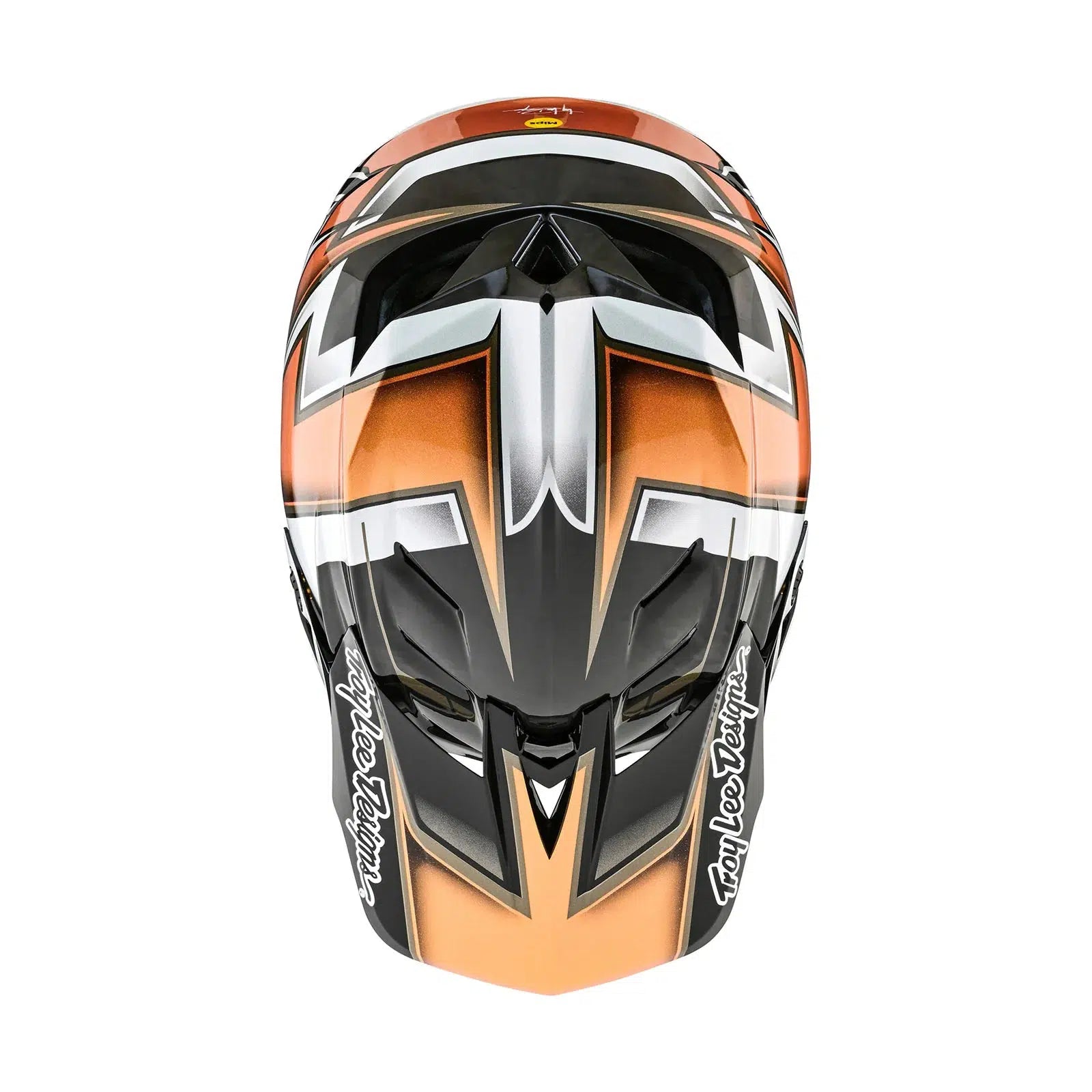 A helmet with a TLD D4 Carbon AS Helmet W/MIPS Ever Black / Gold on it.