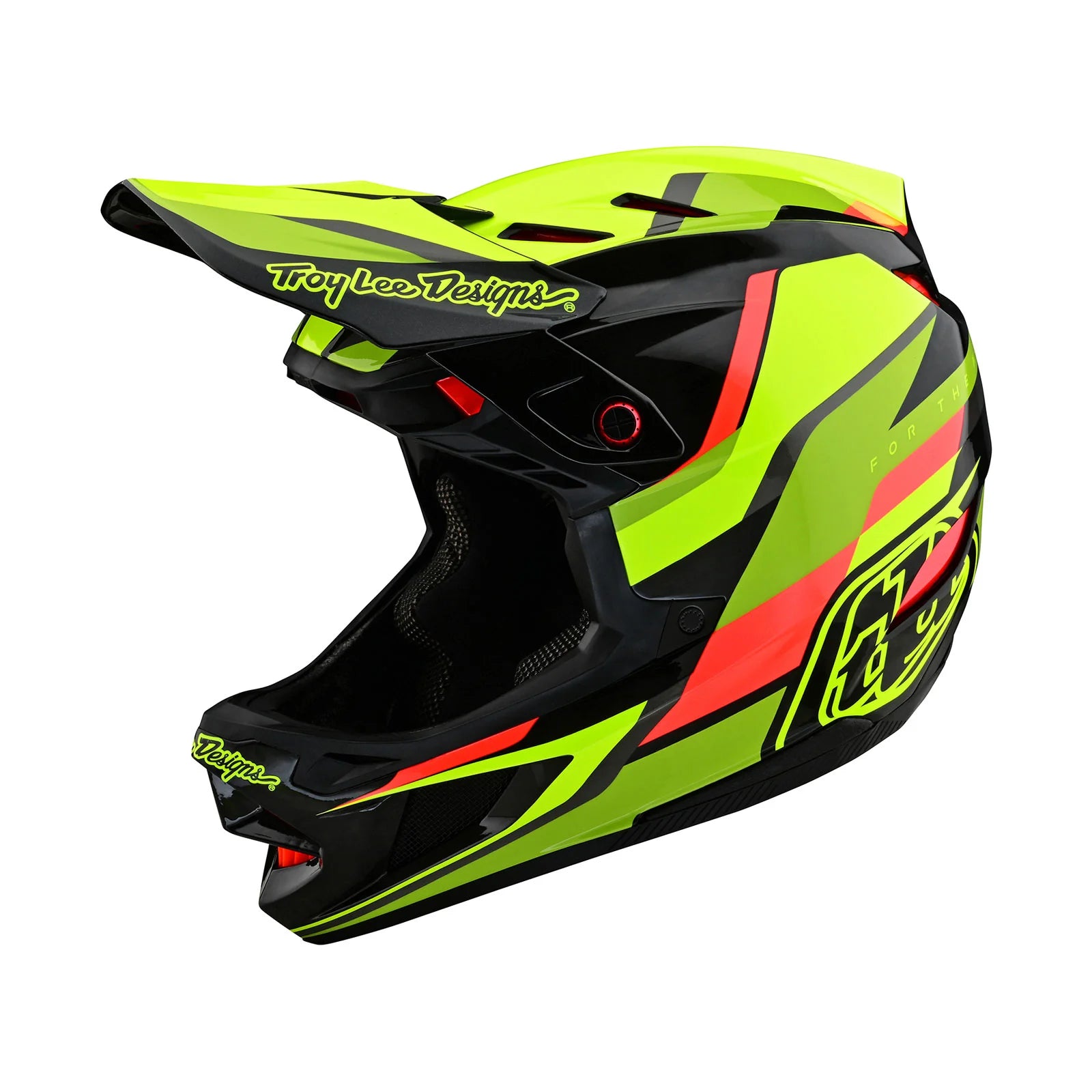 A TLD D4 Carbon AS Helmet W/MIPS Omega Black / Yellow with a yellow and neon design.