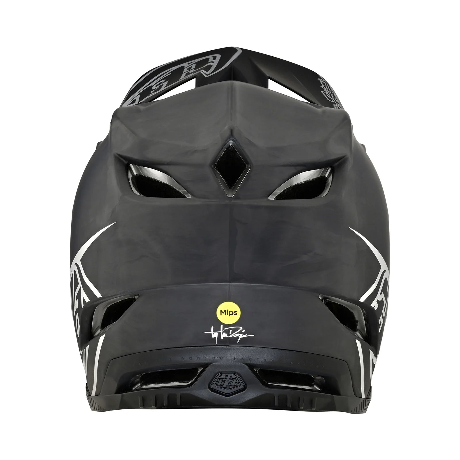 A black TLD D4 AS Carbon W/MIPS Helmet with white text.