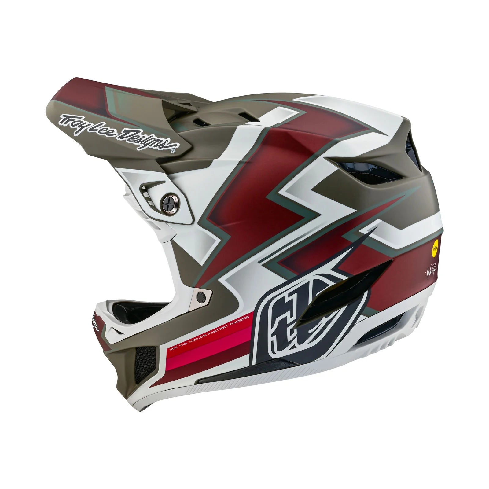 A TLD D4 AS Composite Helmet W/MIPS Ever Tarmac with a red and white design and a Mips C2 protection system.