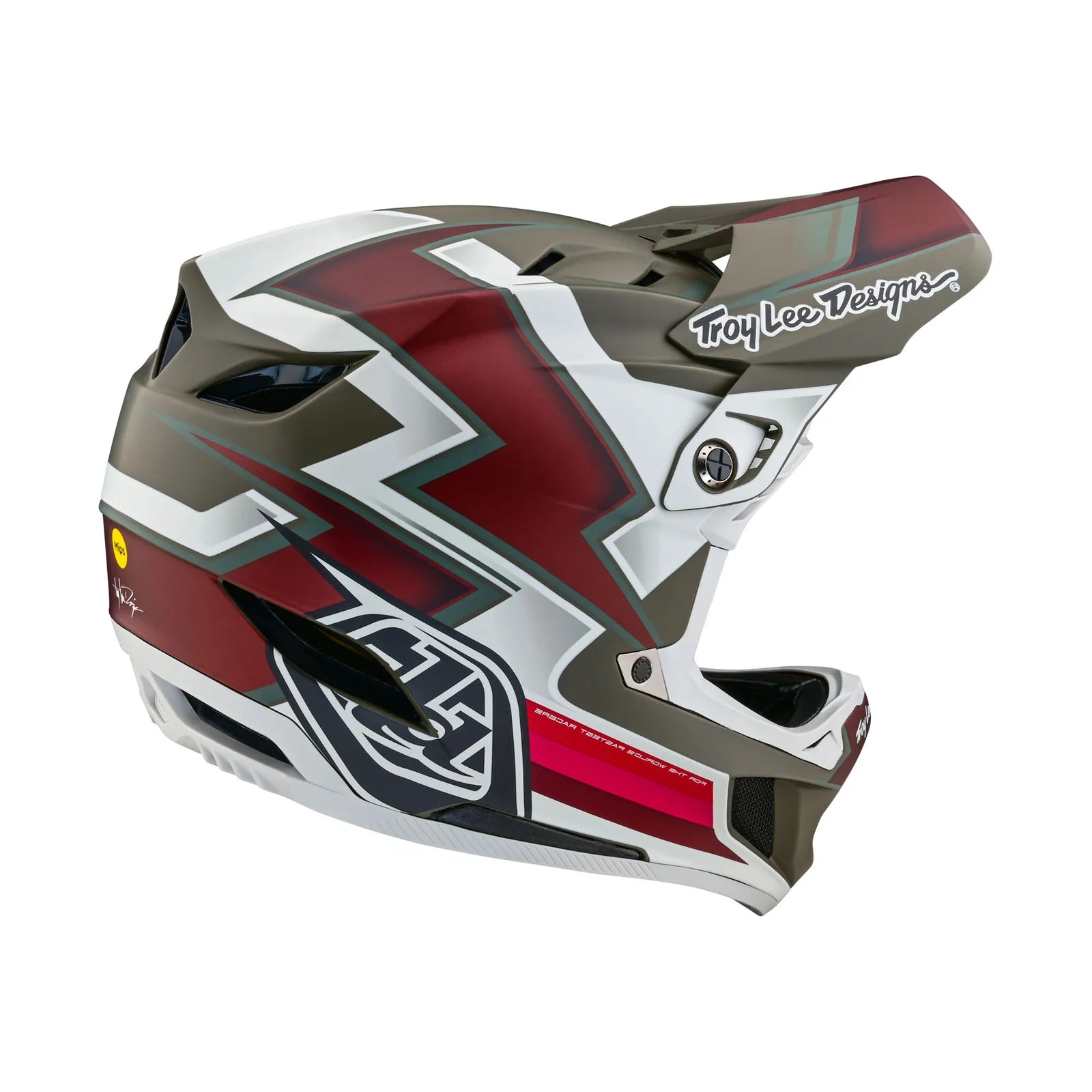 A TLD D4 AS Composite Helmet W/MIPS Ever Tarmac with a red and white design, featuring the MIPS system for enhanced safety.