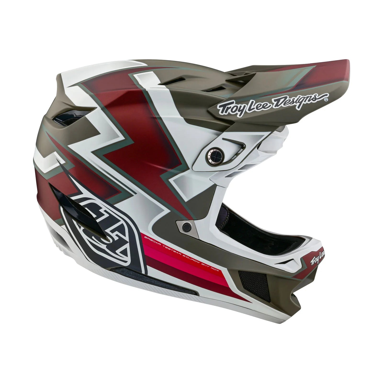 A TLD D4 AS Composite Helmet W/MIPS Ever Tarmac with a red and white design featuring the Mips system for enhanced comfort.