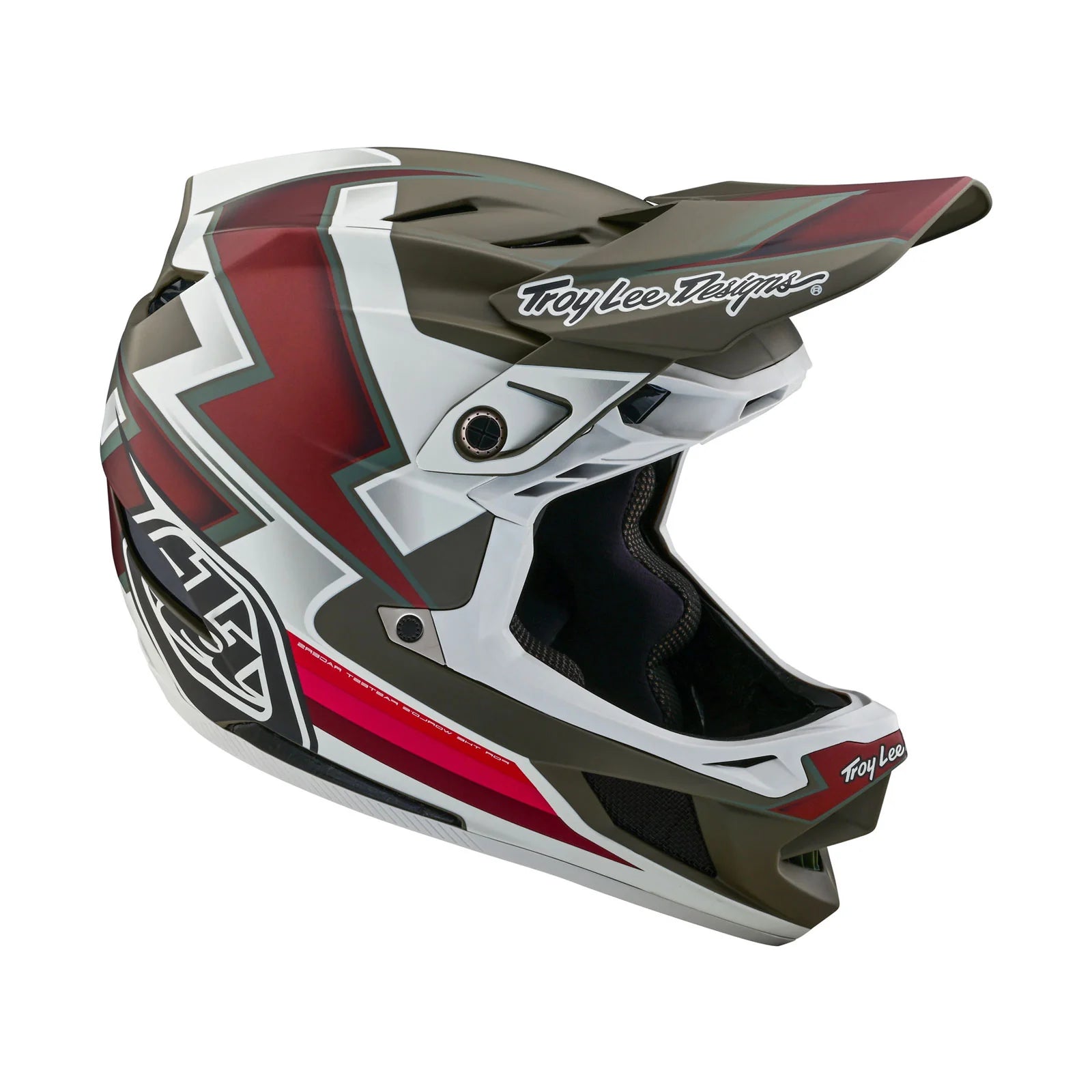A TLD D4 AS Composite Helmet W/MIPS Ever Tarmac with a red and white design featuring the Mips system for enhanced safety.
