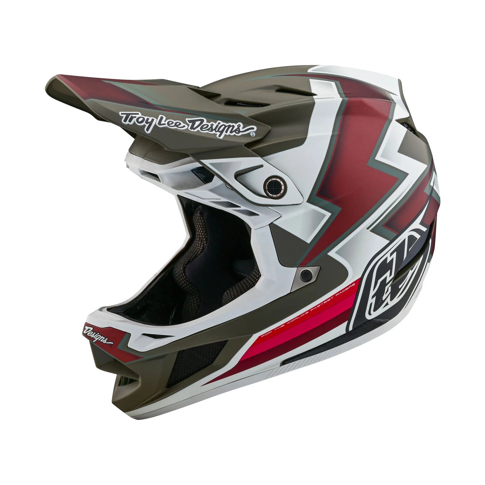 A TLD D4 AS Composite Helmet W/MIPS Ever Tarmac with a red and white design, enhanced for helmet safety with the Mips system.