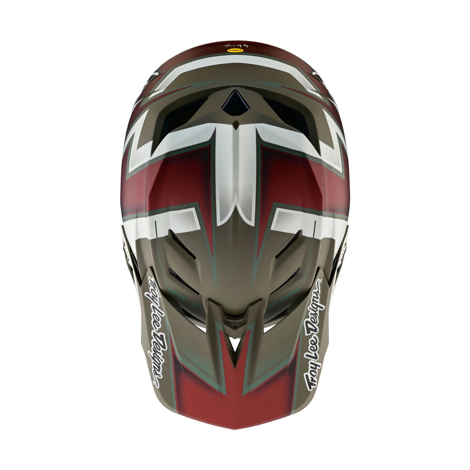 A TLD D4 AS Composite Helmet W/MIPS Ever Tarmac with a red and white design on it, featuring Mips system for improved safety.
