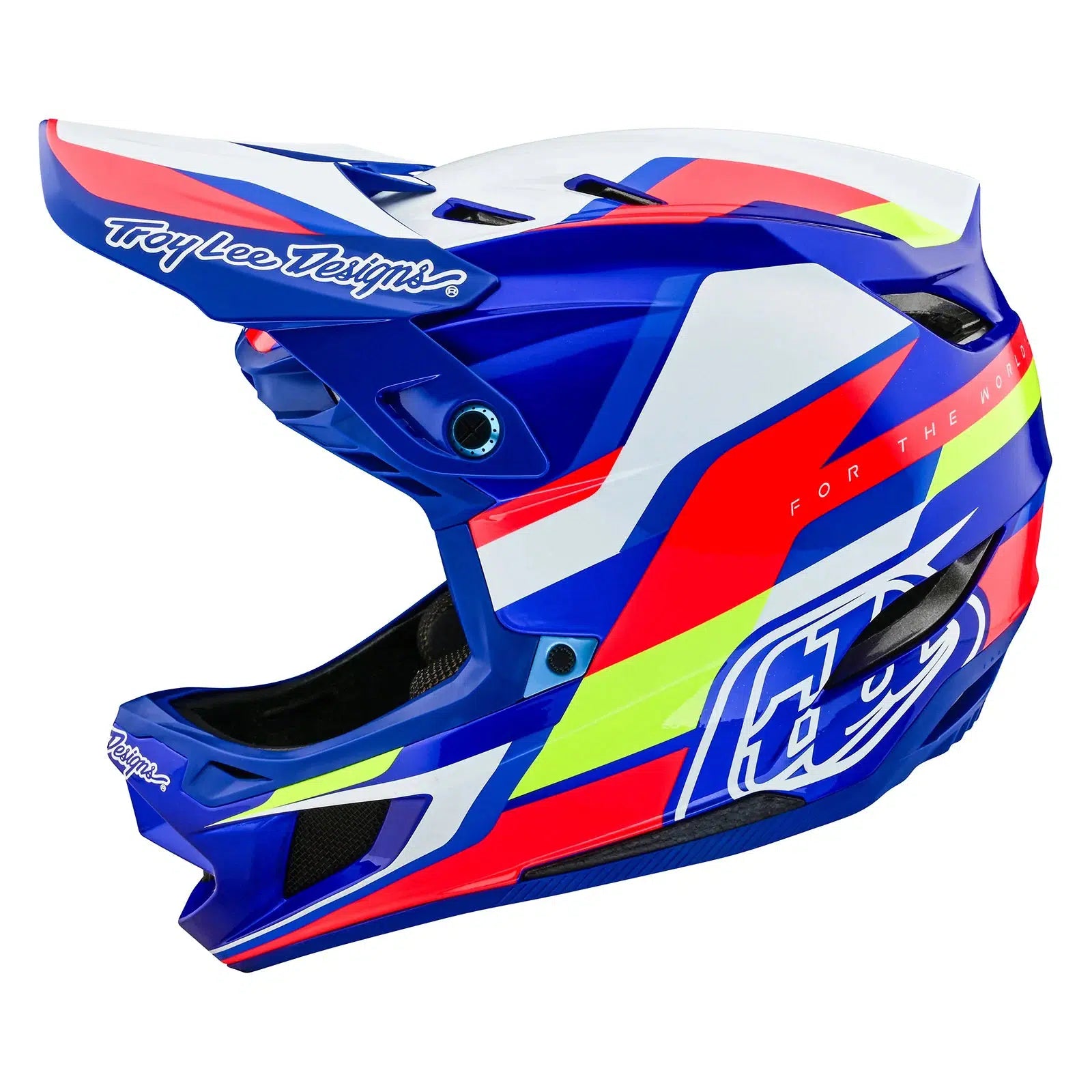 A TLD D4 AS Composite Helmet W/MIPS Omega Blue / White with a red, blue, and yellow design.