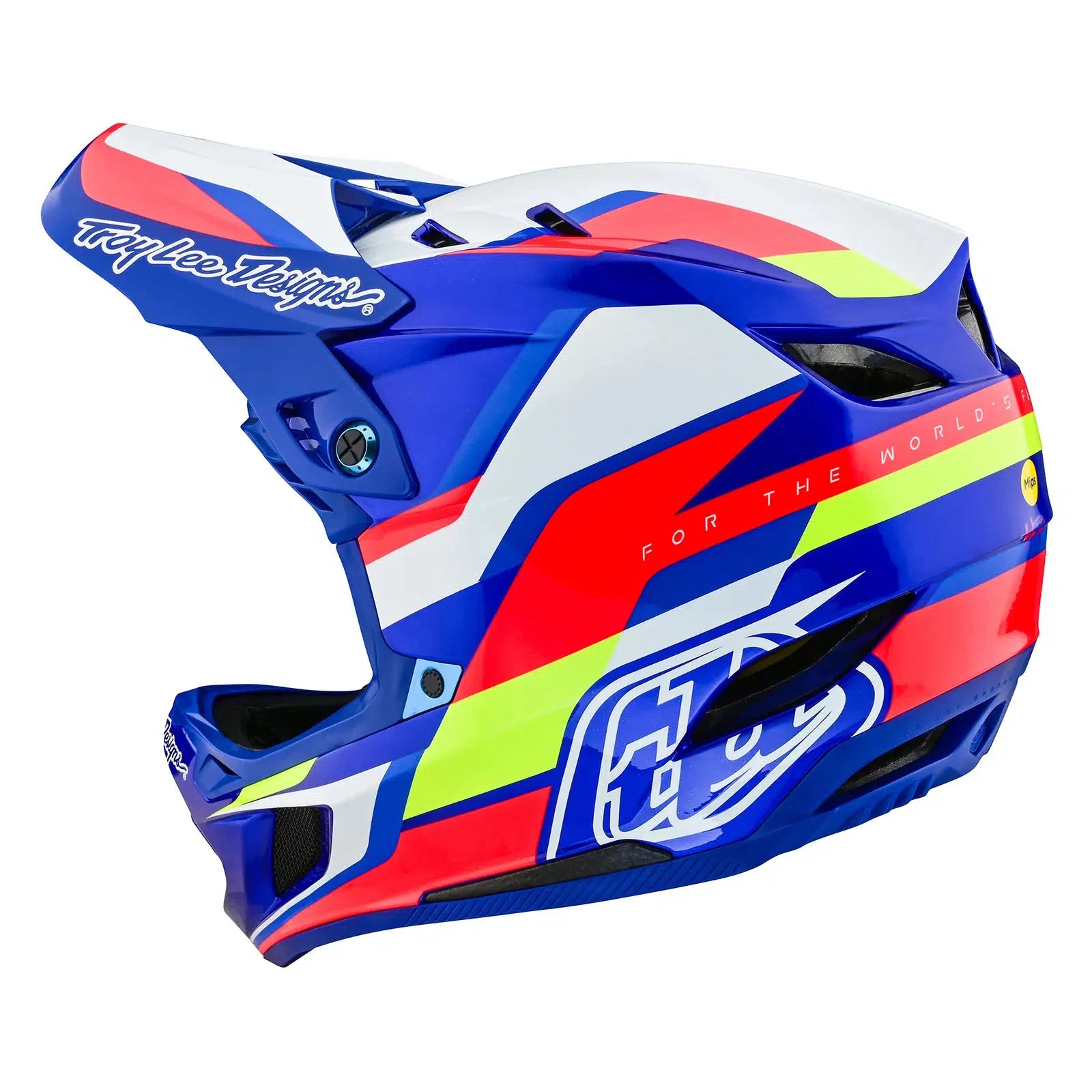 A TLD D4 AS Composite Helmet W/MIPS Omega Blue / White with a blue and yellow design and Mips protection system.