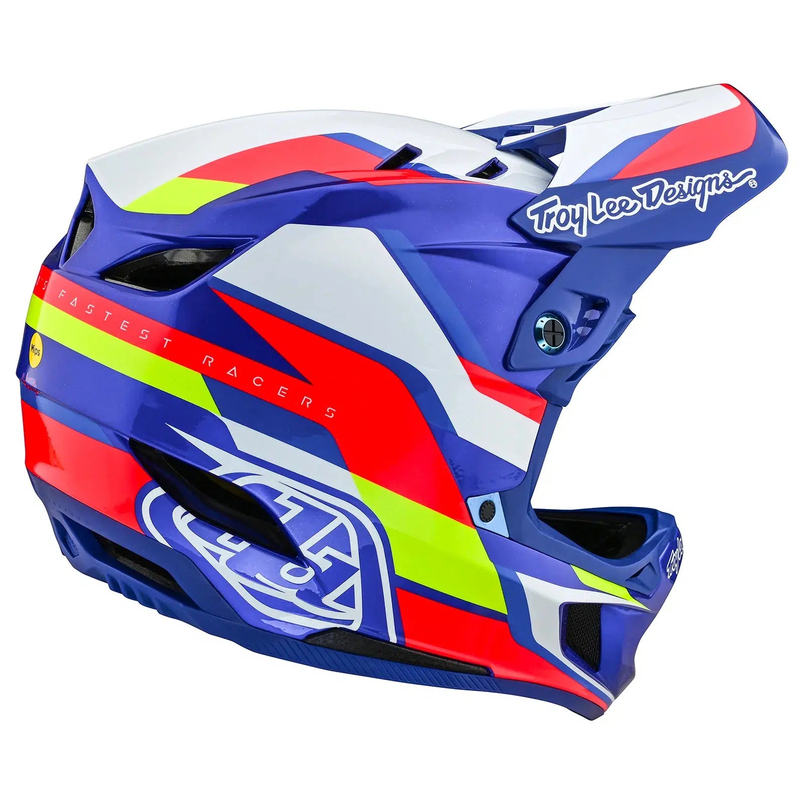A TLD D4 AS Composite Helmet W/MIPS Omega Blue / White with a blue, yellow, and red design featuring the Mips protection system.
