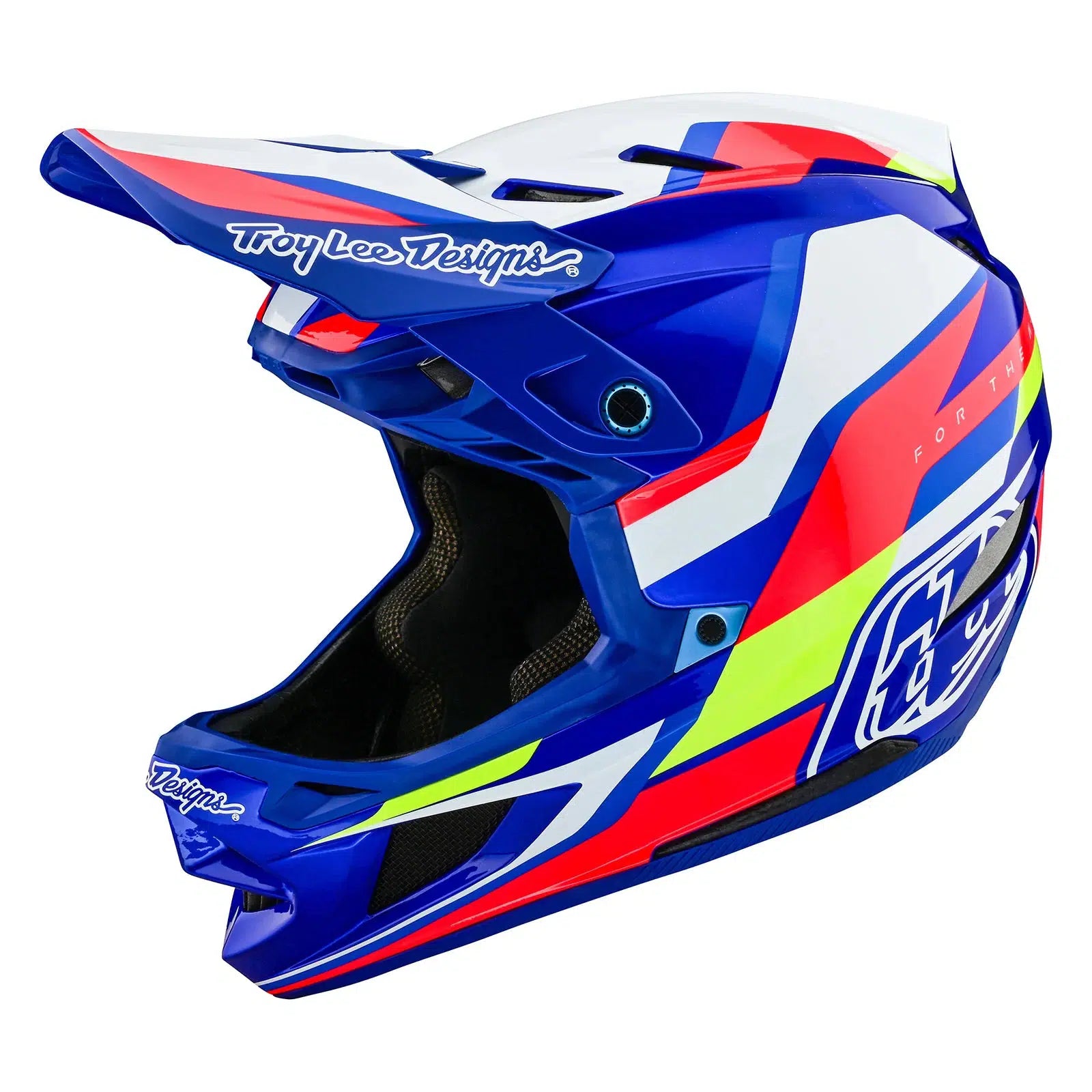 A TLD D4 AS Composite Helmet W/MIPS Omega Blue / White with a red, blue, and yellow design featuring the Mips protection system for improved helmet safety.