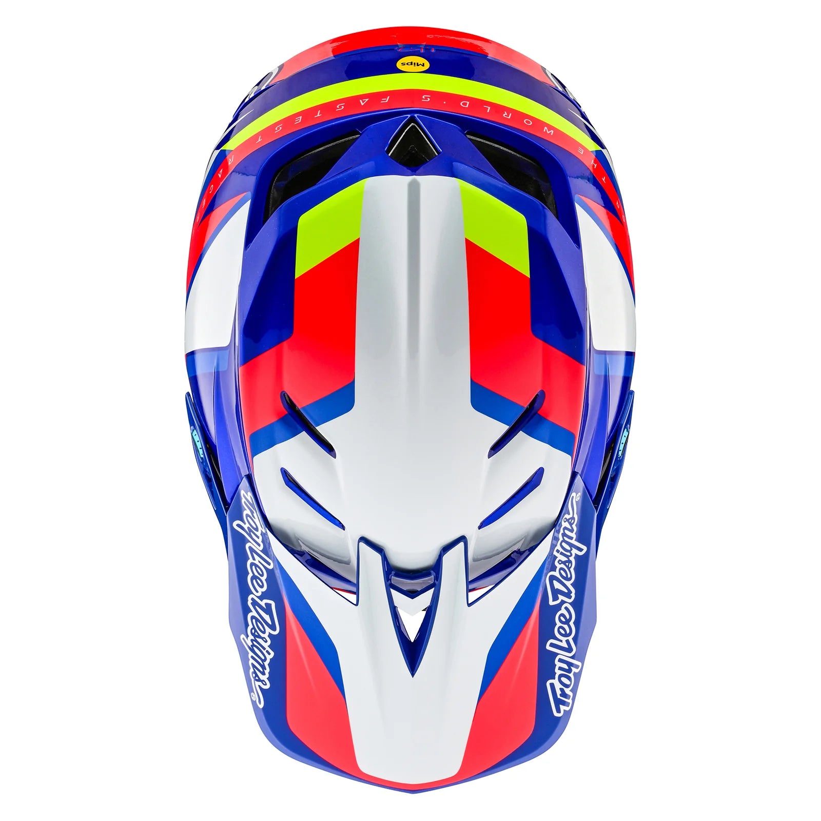 A TLD D4 AS Composite Helmet W/MIPS Omega Blue / White with a red, blue, and yellow design.