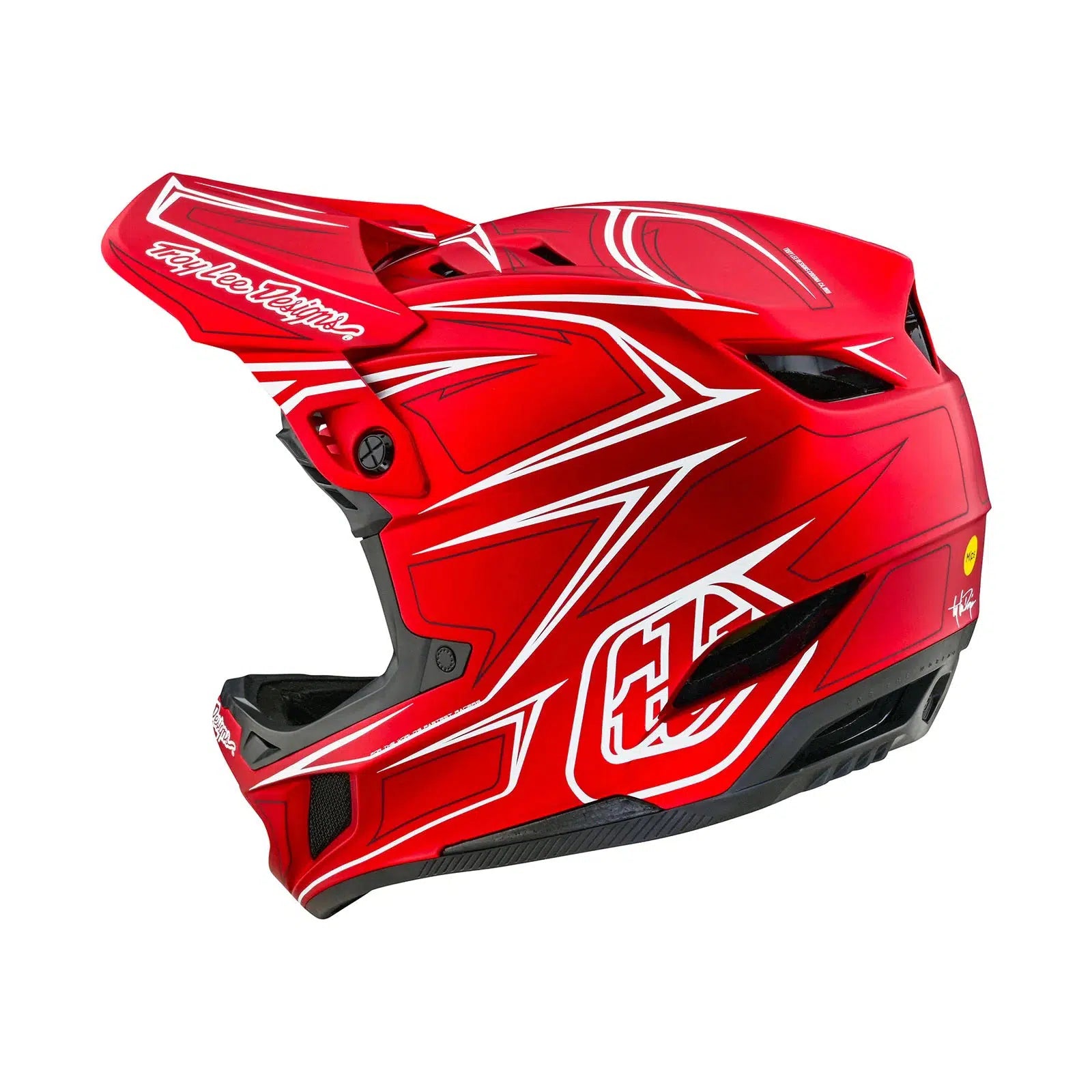 A TLD D4 AS Composite Helmet W/MIPS Pinned Red with a white logo on it, featuring the MIPS C2 protection system for enhanced helmet safety.