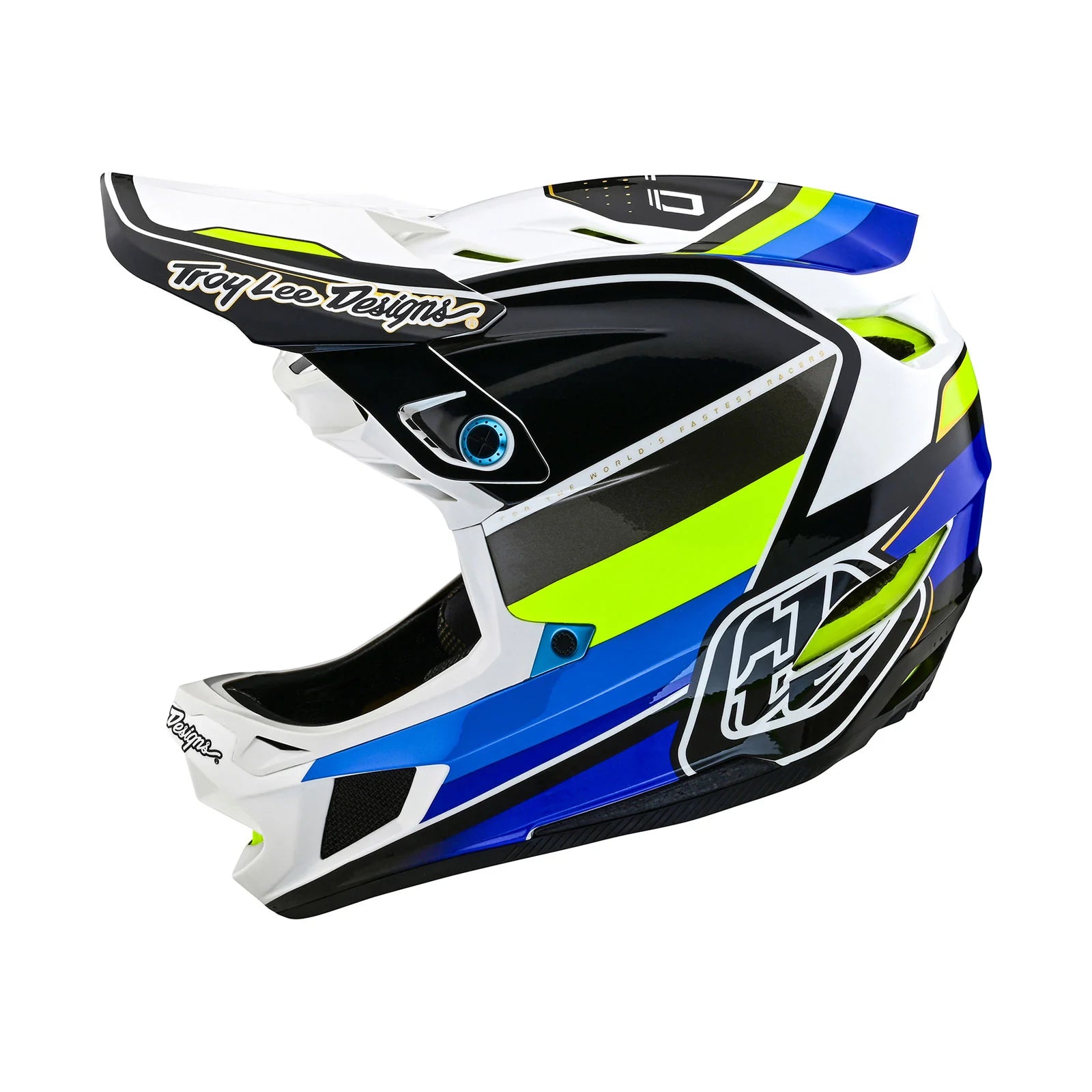 A TLD D4 AS Composite Helmet W/MIPS Reverb White with a blue and white design, featuring the Mips protection system for enhanced safety.