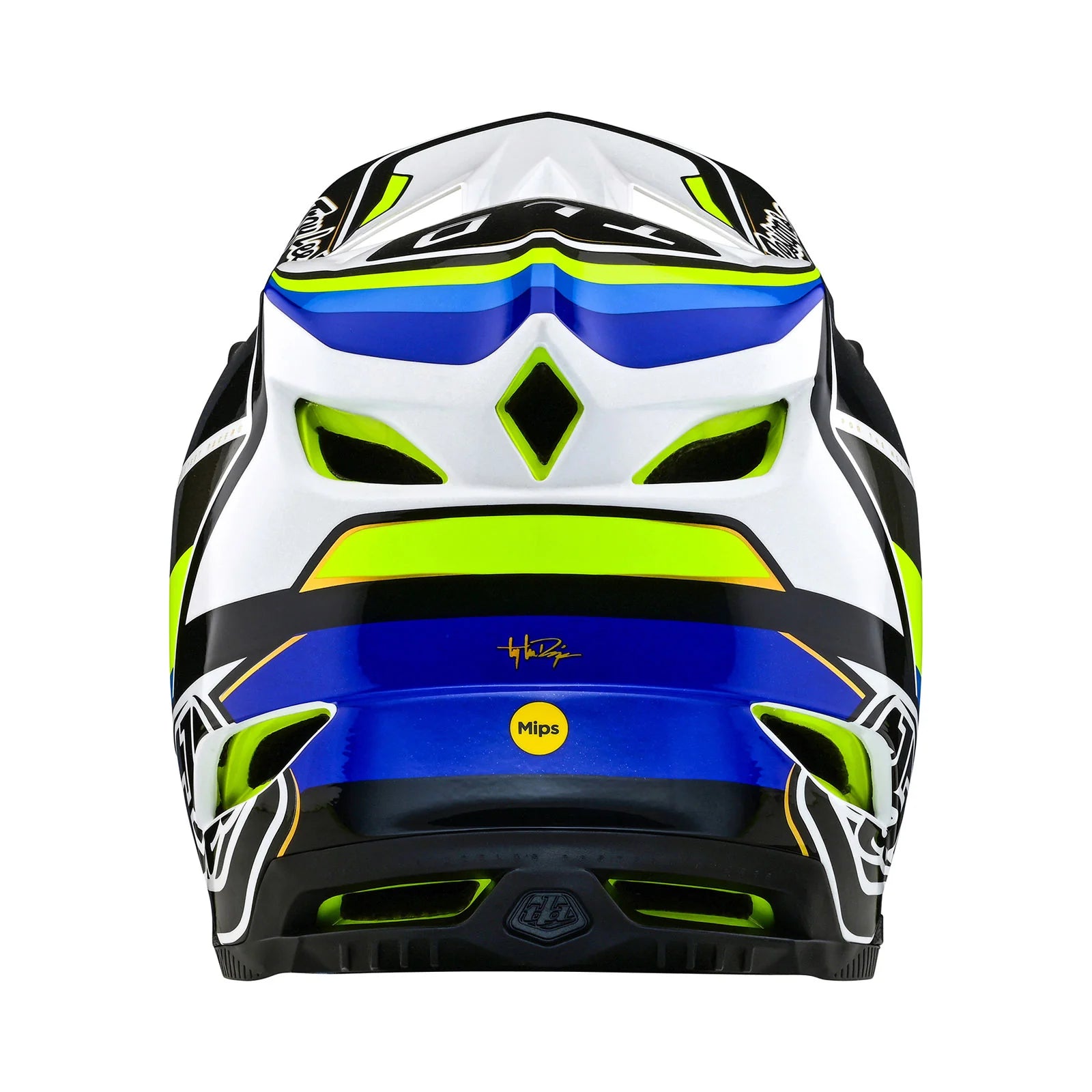 A TLD D4 AS Composite Helmet W/MIPS Reverb White with a blue and yellow design on a white background, featuring the Mips protection system for enhanced safety.