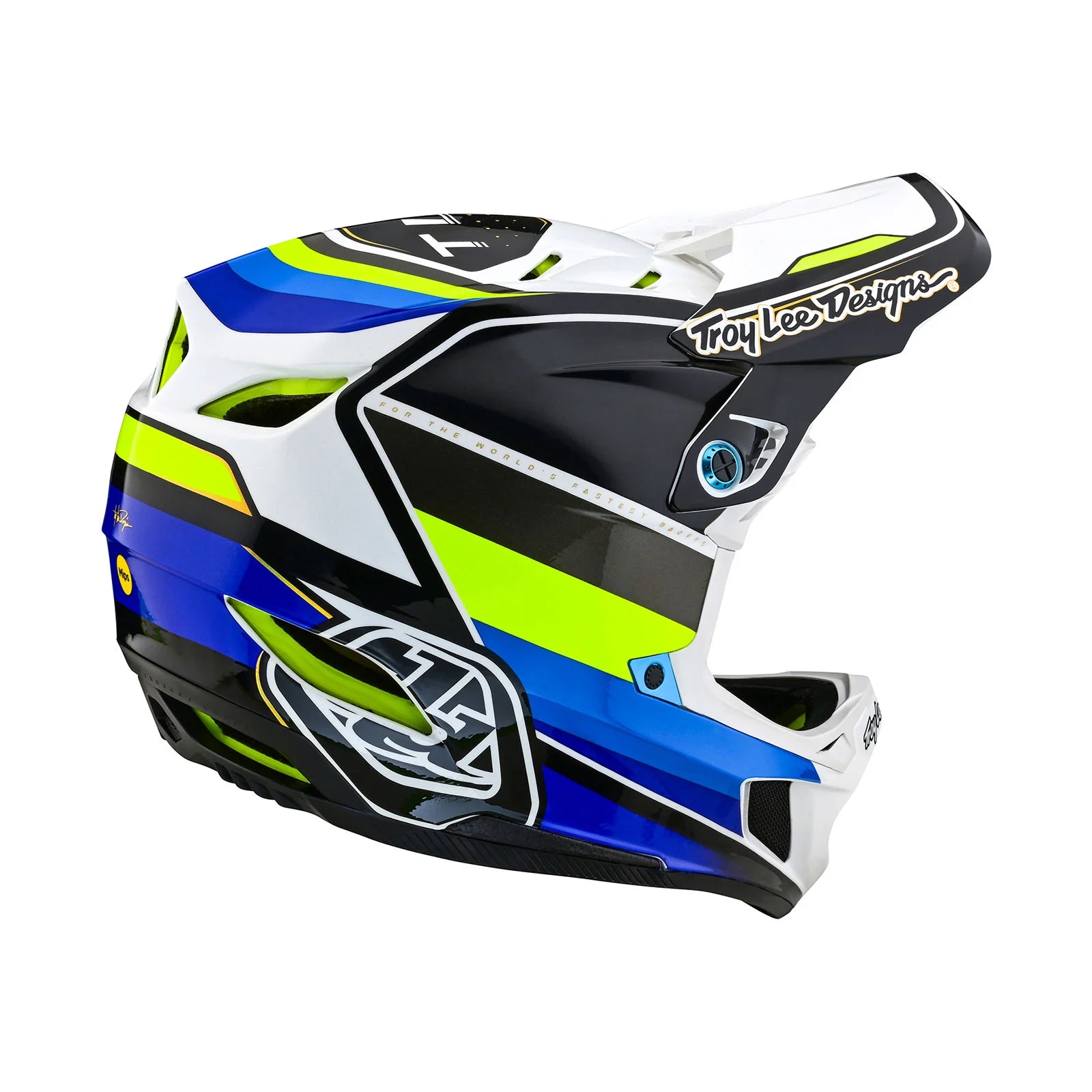 A TLD D4 AS Composite Helmet W/MIPS Reverb White with a blue and yellow design, featuring the Mips protection system.