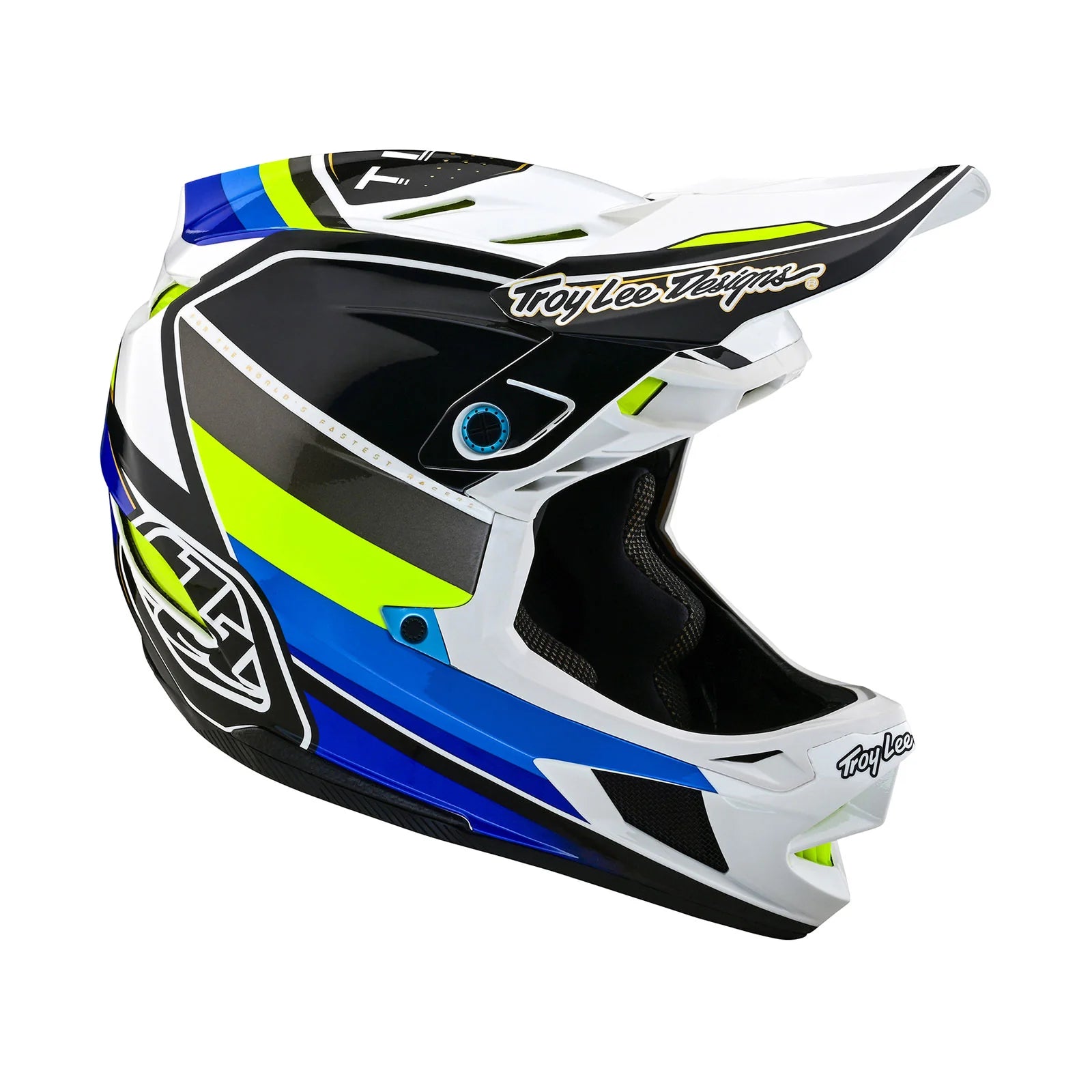 A TLD D4 AS Composite Helmet W/MIPS Reverb White with a blue and white design featuring Mips protection system.