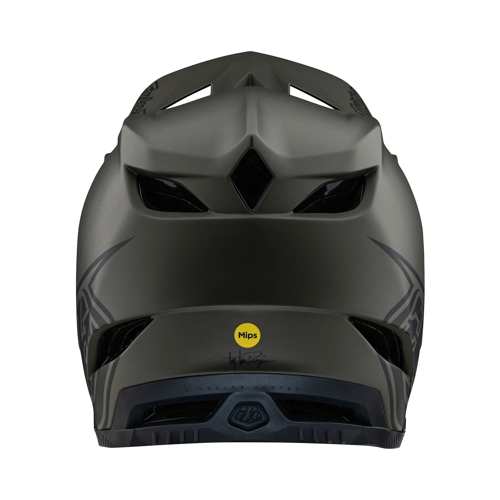 The front view of a TLD D4 AS Composite Helmet W/MIPS Stealth Tarmac with yellow accents and a Mips protection system.