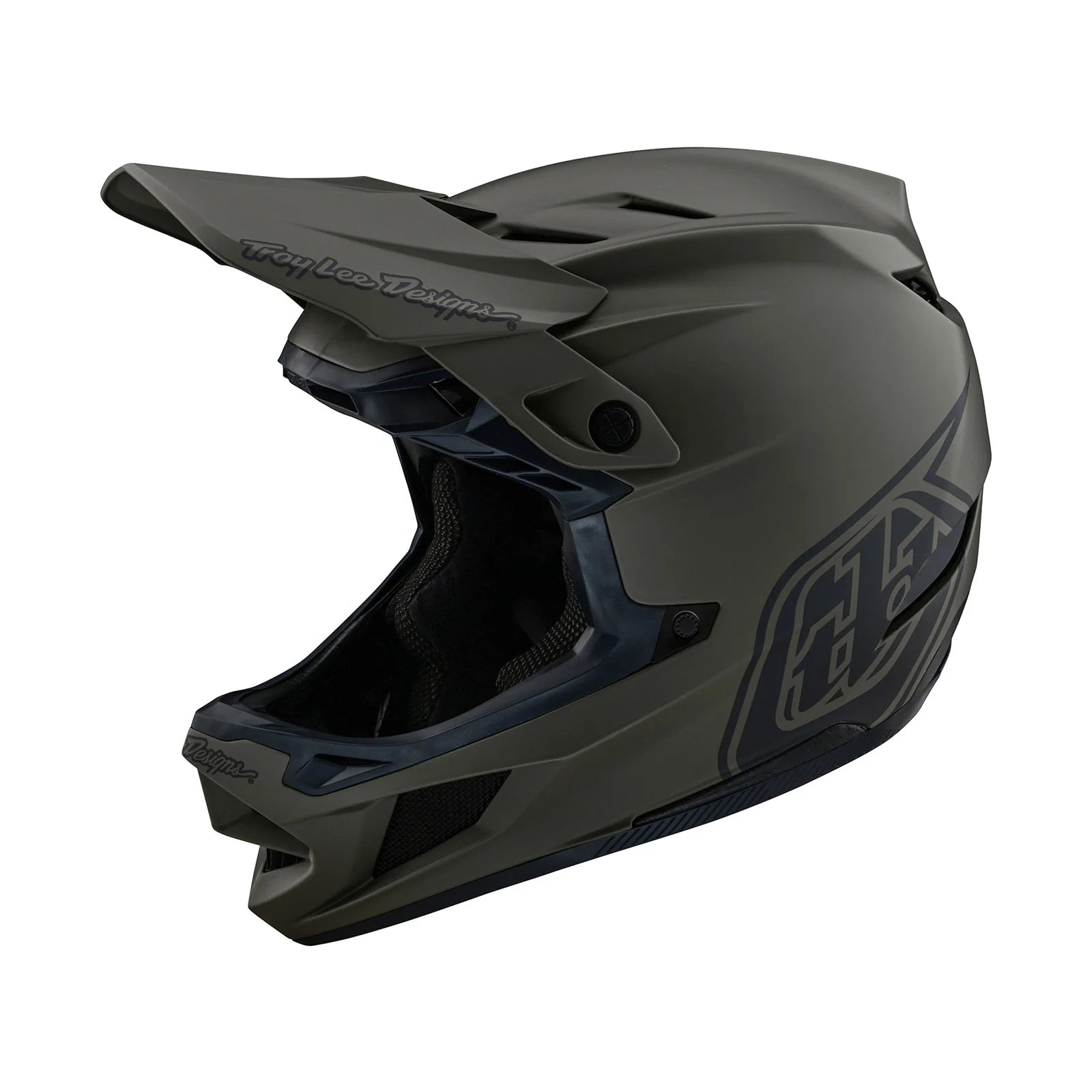 A TLD D4 AS Composite Helmet W/MIPS Stealth Tarmac with a black and grey design, featuring a front air intake system.
