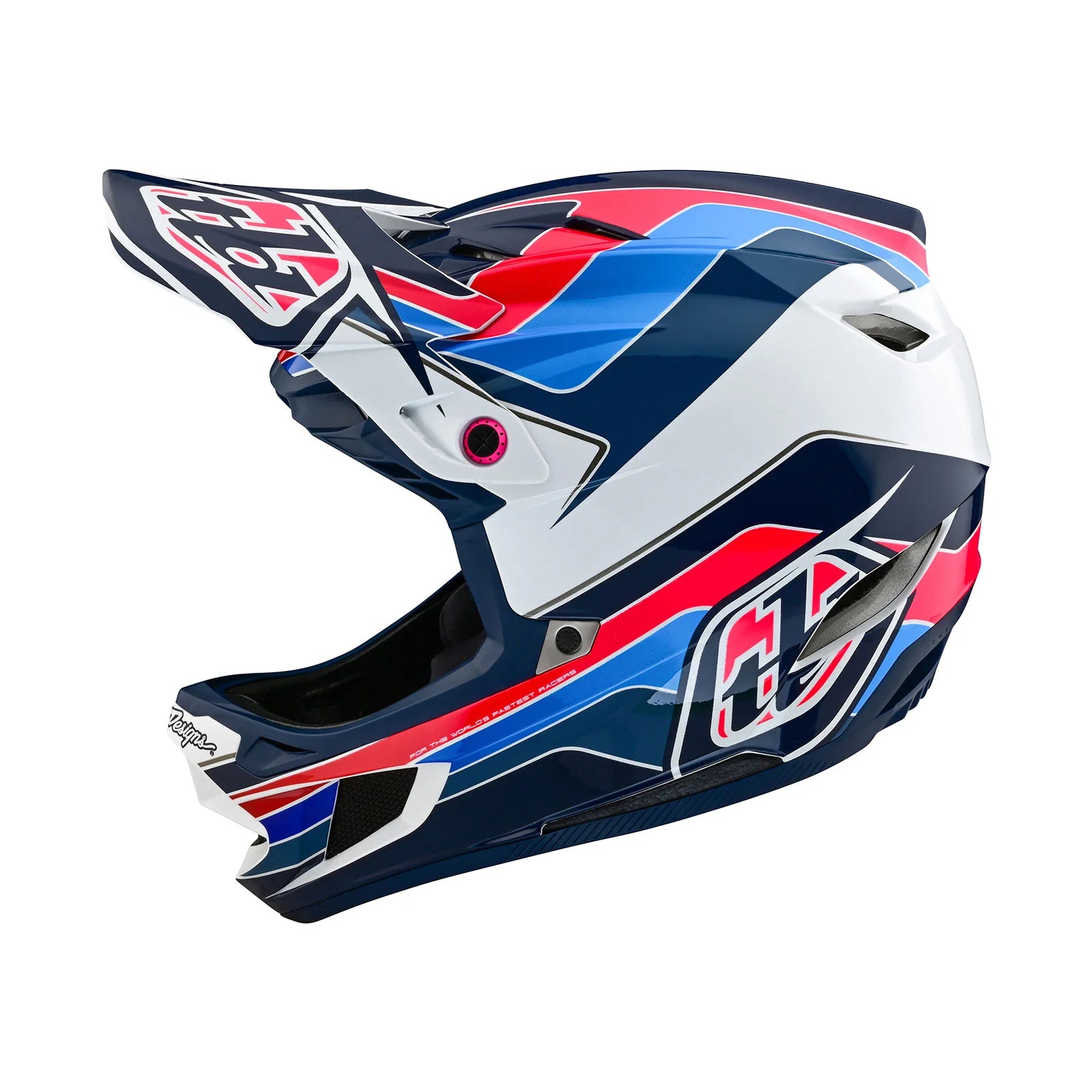 A safety helmet with a red, white, and blue TLD D4 AS Polyacrylite Helmet W/MIPS Block Blue / White.