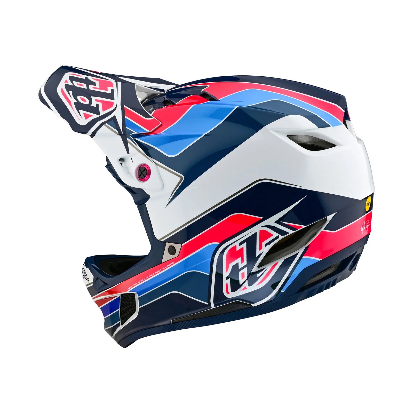 A safety helmet with a red, blue, and white TLD D4 AS Polyacrylite Helmet W/MIPS Block Blue / White.