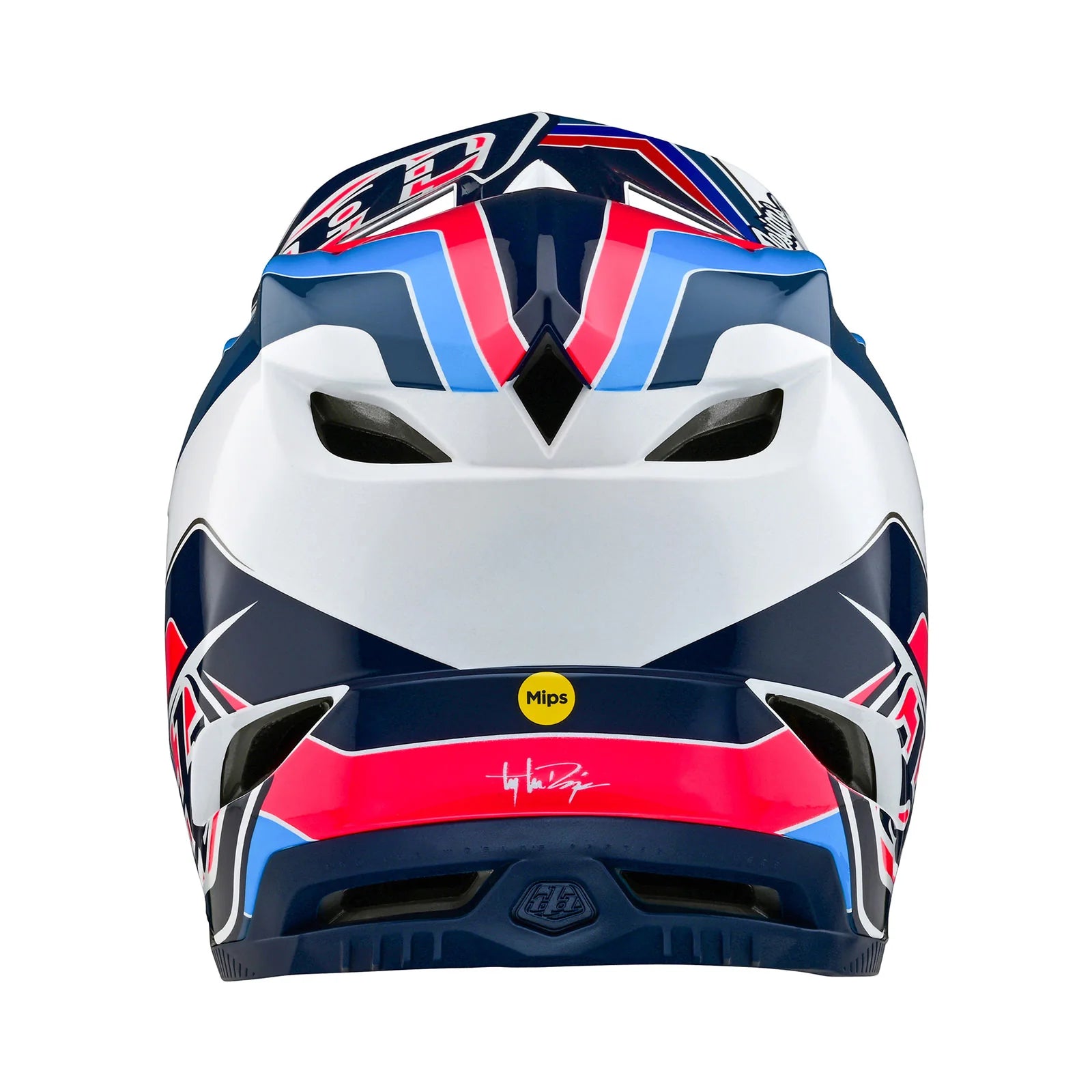 A safety helmet with a red, white, and blue design by TLD D4 AS Polyacrylite Helmet W/MIPS Block Blue / White.
