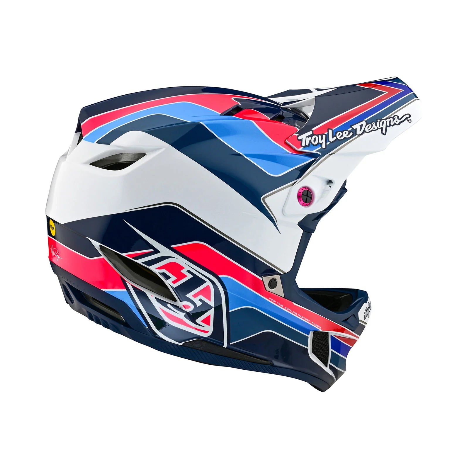 A safety helmet with a red, blue, and white design by TLD D4 AS Polyacrylite Helmet W/MIPS Block Blue / White.