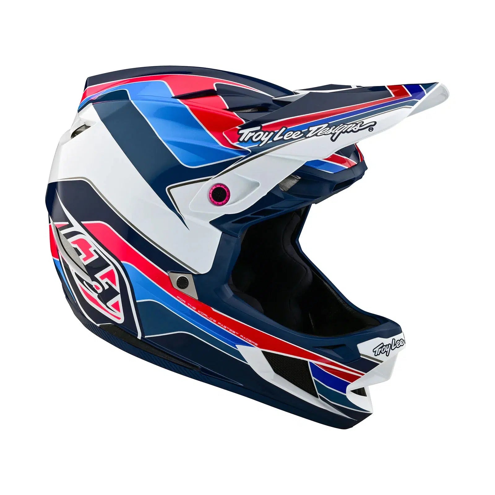 A TLD D4 AS Polyacrylite helmet with a blue and white design.