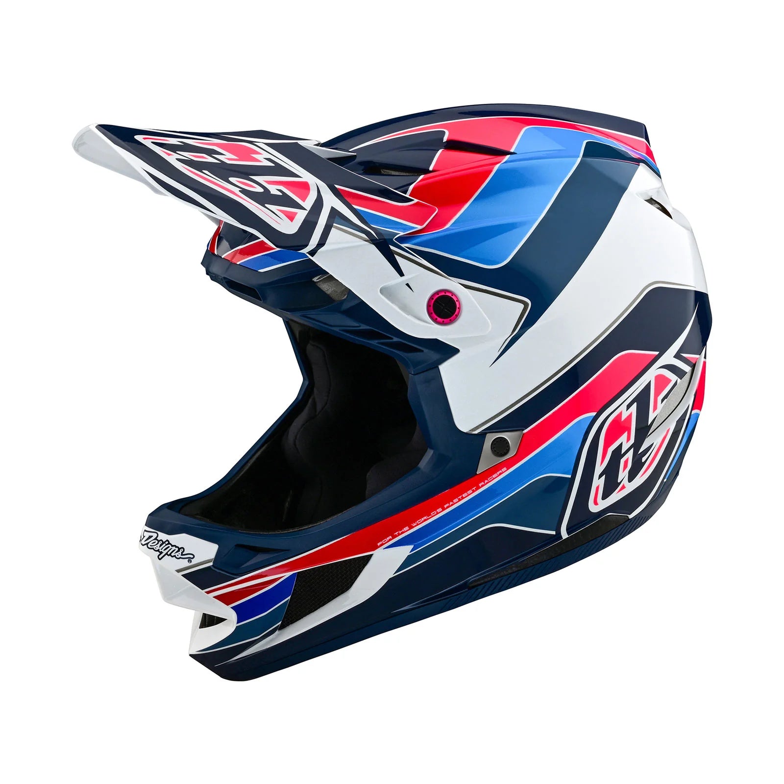 A TLD D4 AS Polyacrylite Helmet W/MIPS Block Blue / White with a red, white, and blue design ensuring maximum safety.