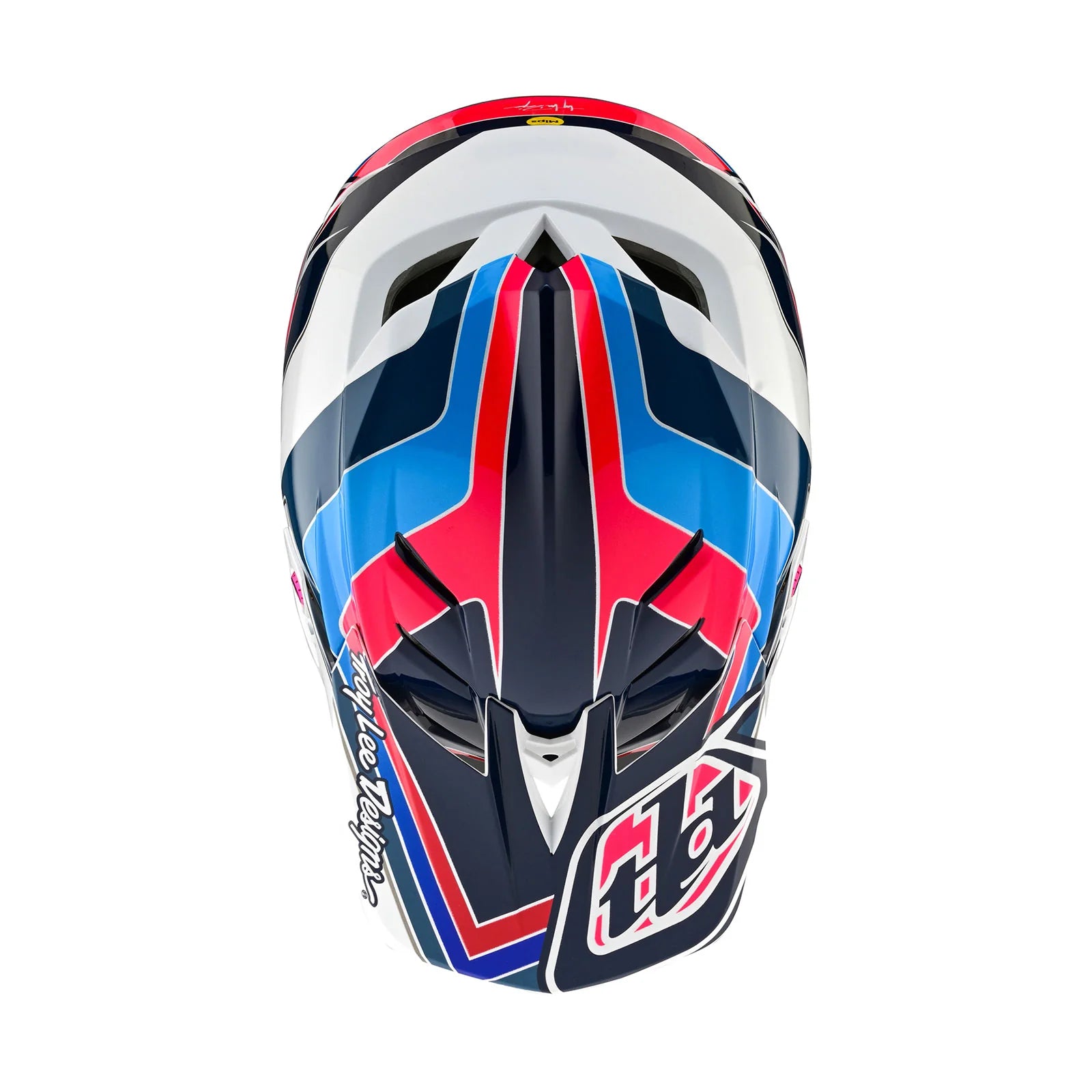 A TLD D4 AS Polyacrylite Helmet W/MIPS Block Blue / White with a red, blue, and white design.