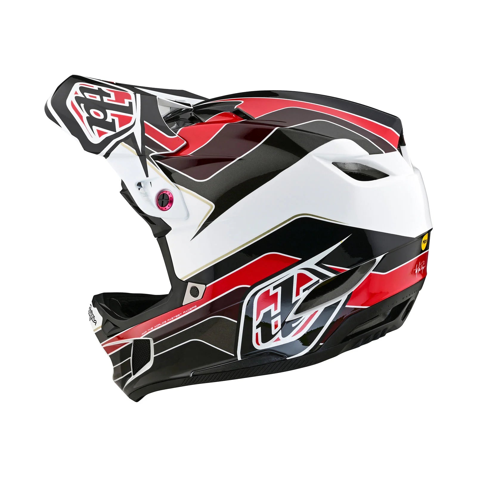A TLD D4 AS Polyacrylite Helmet W/MIPS Block Charcoal / Red with a black and red design.