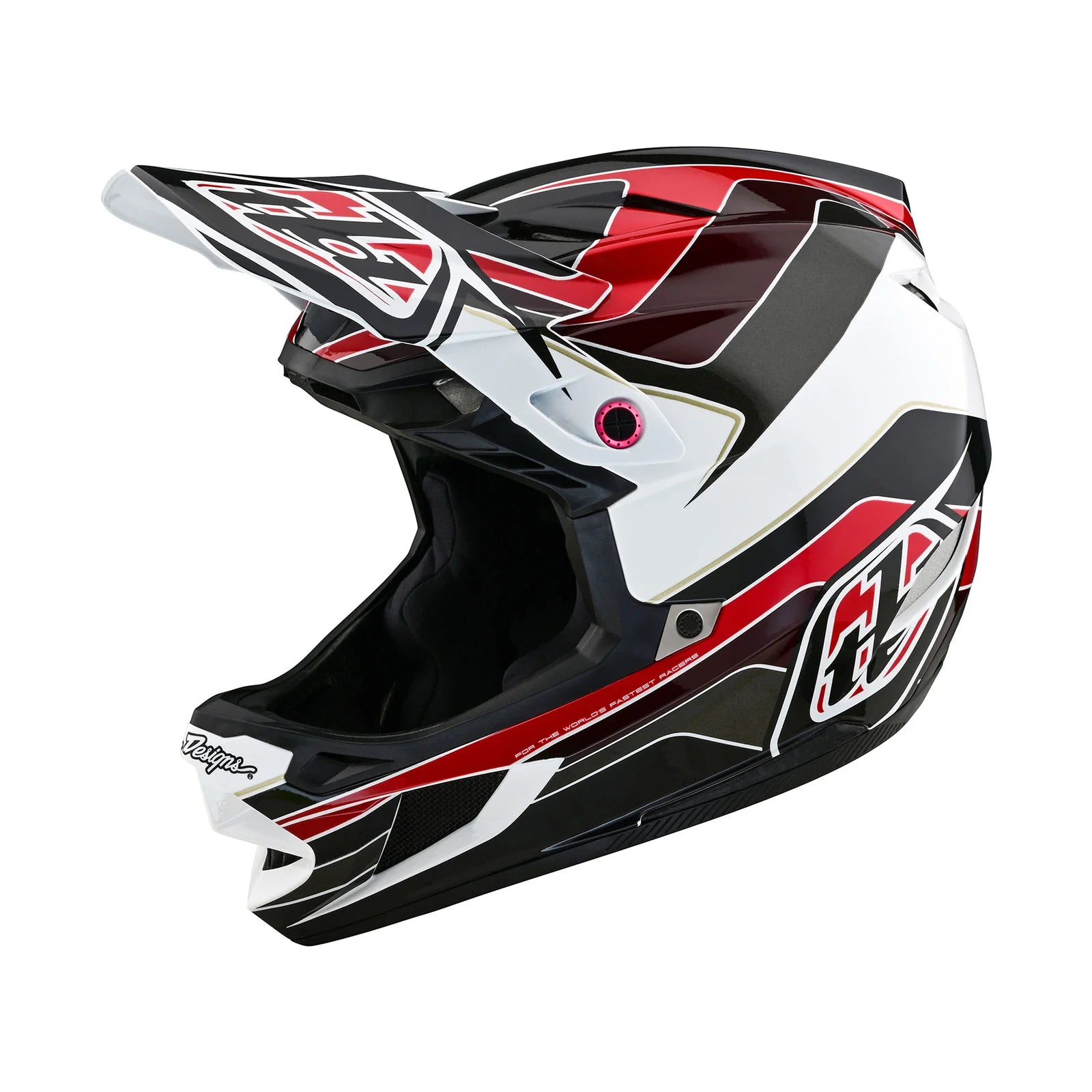 A TLD D4 AS Polyacrylite Helmet W/MIPS Block Charcoal / Red with a black and red design prioritizing safety.