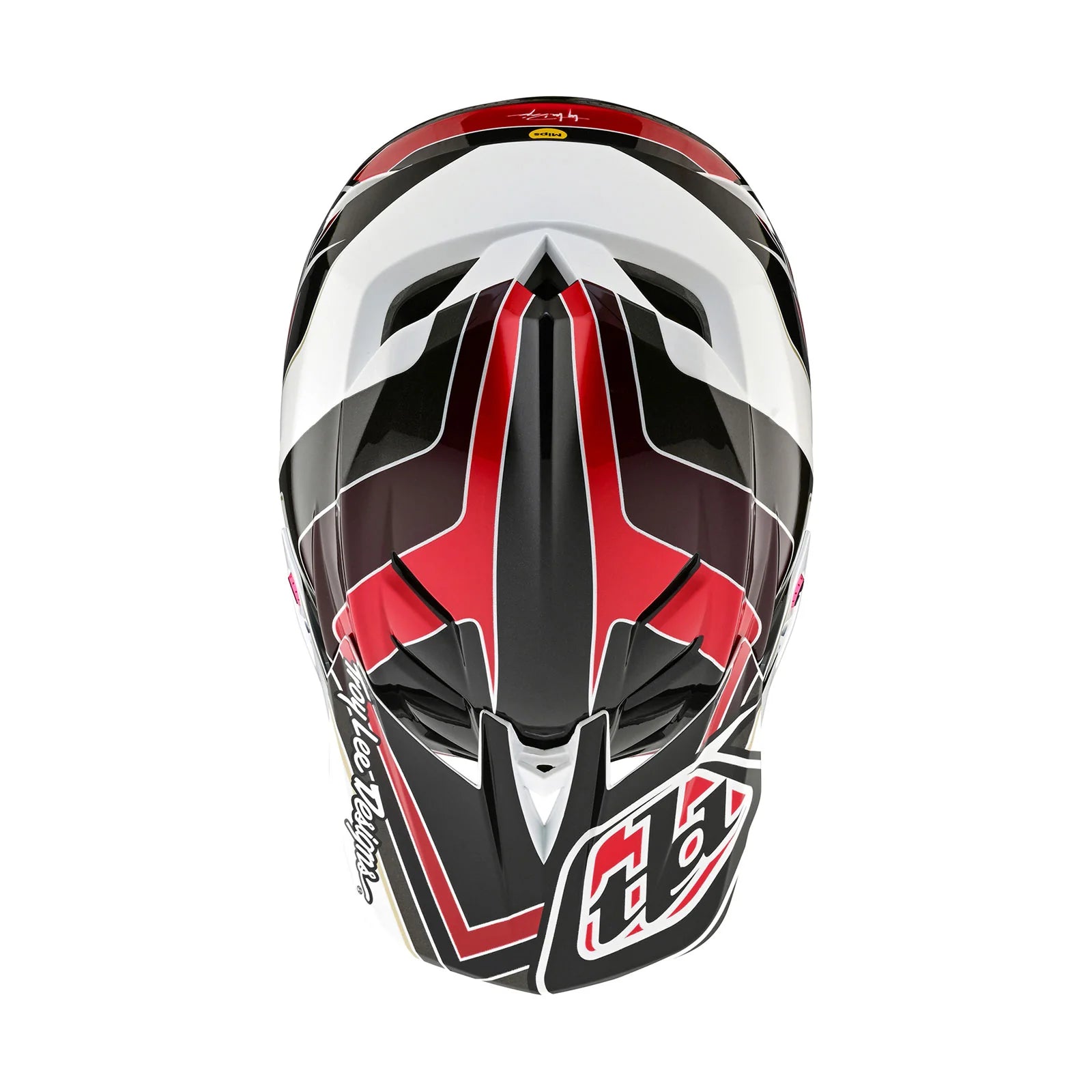 A TLD D4 AS Polyacrylite Helmet W/MIPS Block Charcoal / Red safety helmet with a red, white, and black design.