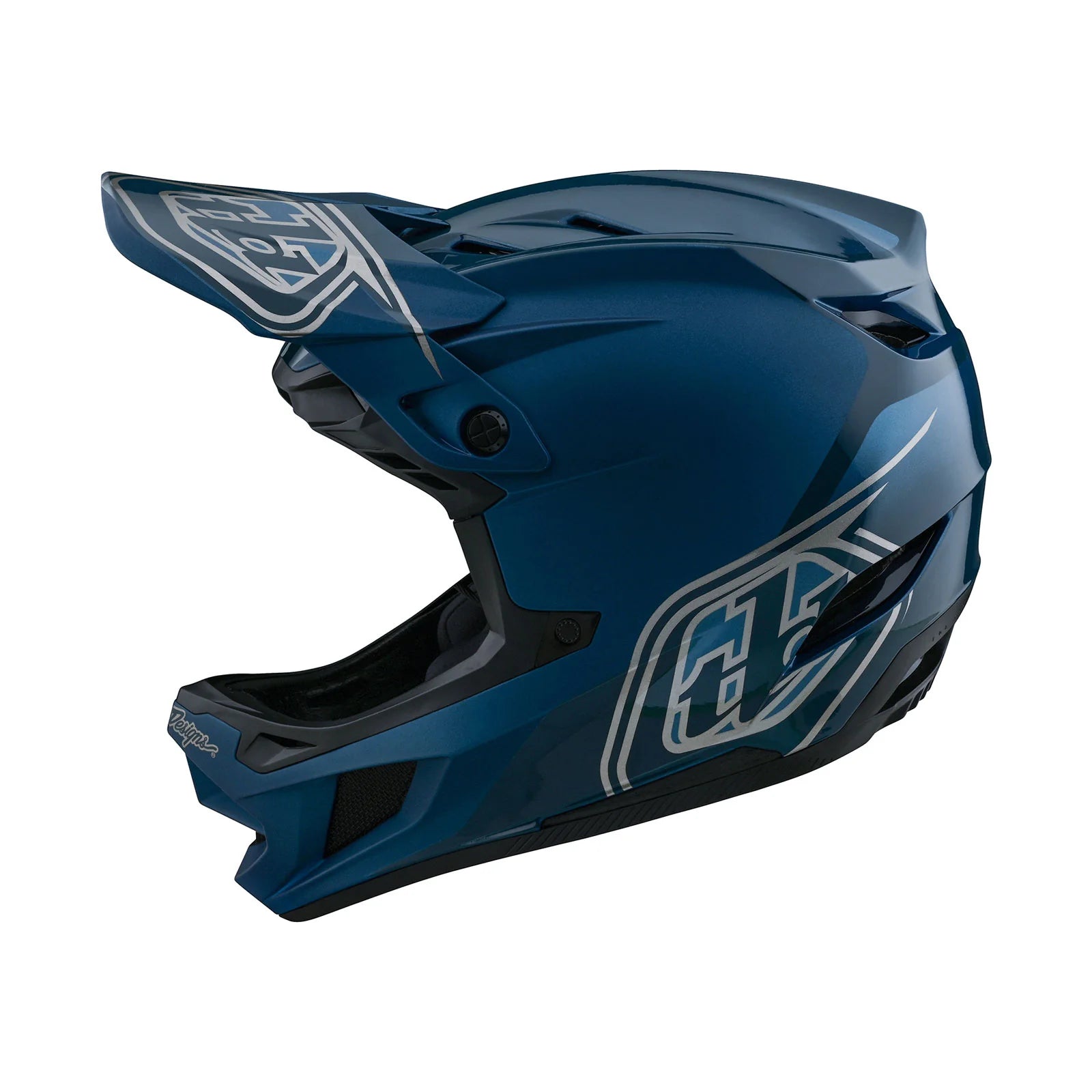 A blue TLD D4 AS Polyacrylite Helmet W/MIPS Shadow Blue with a white Troy Lee Designs logo on it.