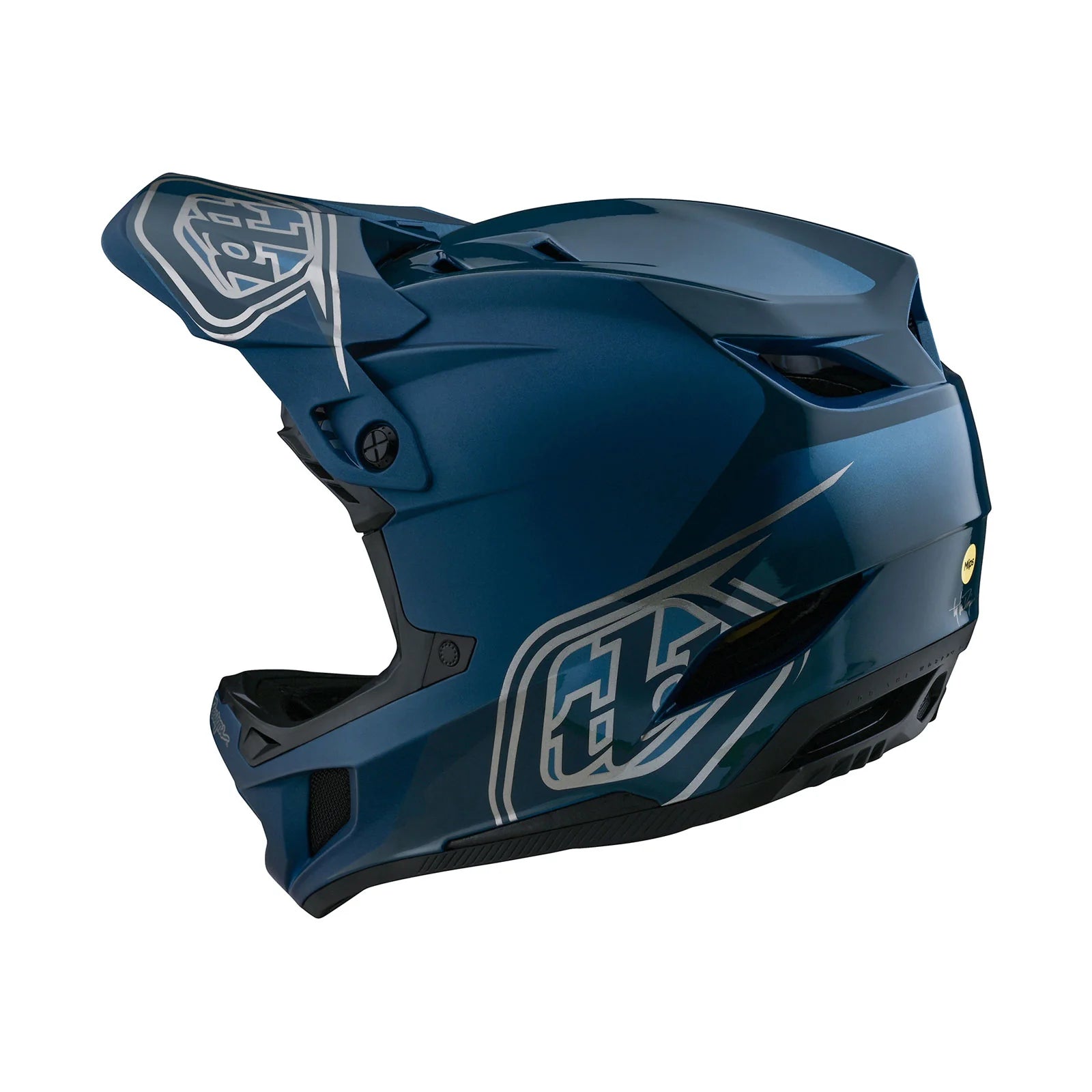 The TLD D4 AS Polyacrylite Helmet W/MIPS Shadow Blue is shown on a white background, emphasizing its safety features.