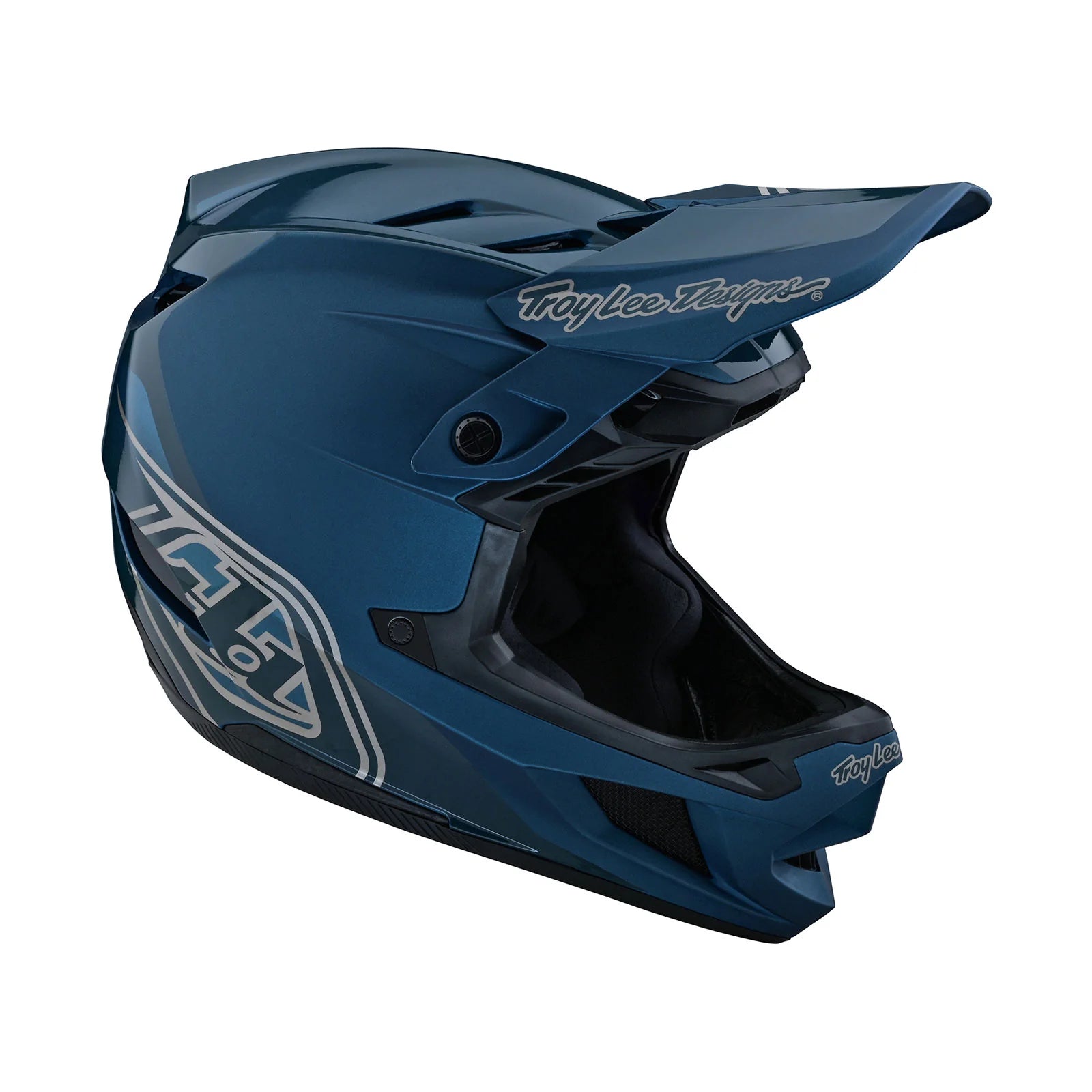 A blue safety TLD D4 AS Polyacrylite helmet with a white Troy Lee Designs logo on it.