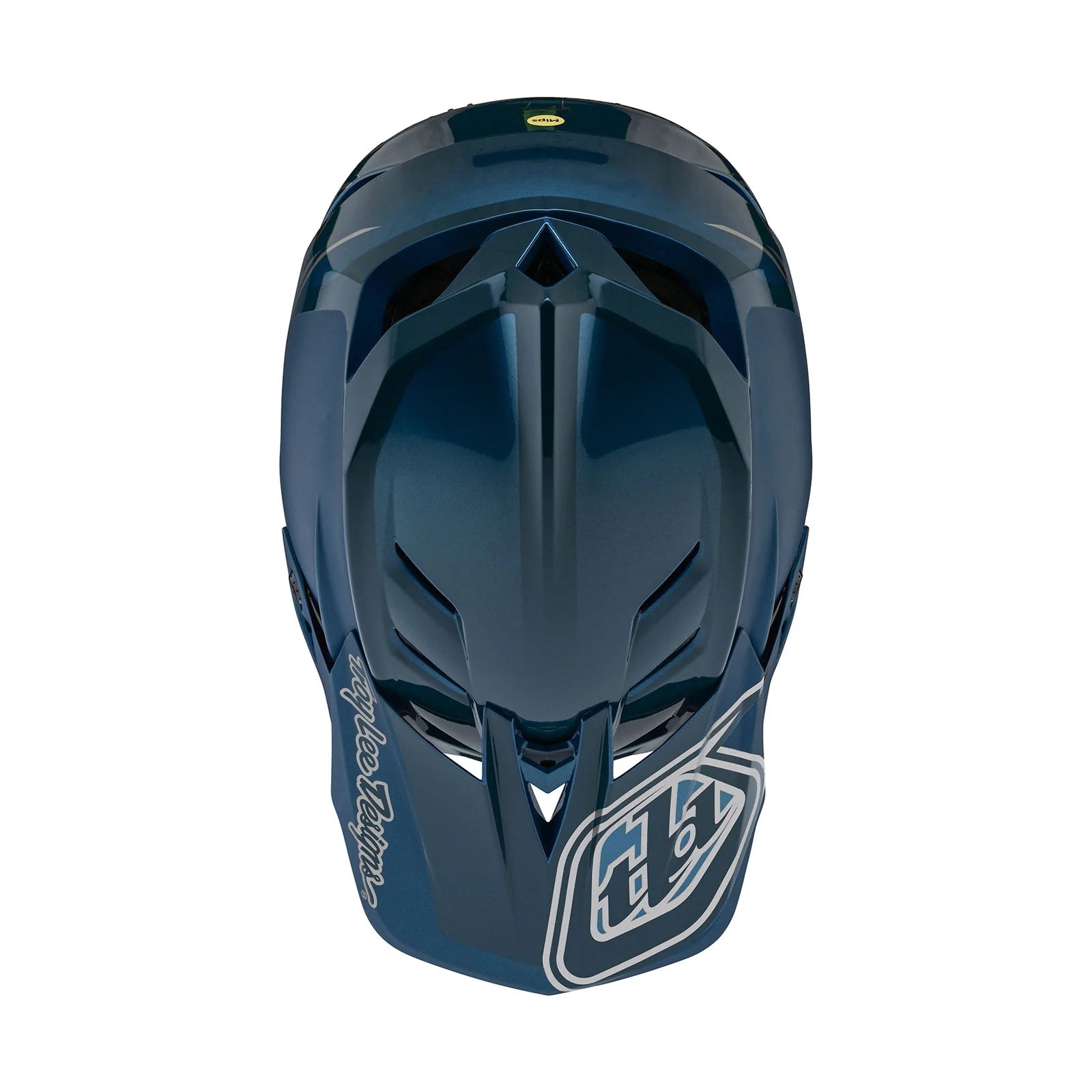A TLD D4 AS Polyacrylite Helmet W/MIPS Shadow Blue with the logo of Troy Lee Designs on it.