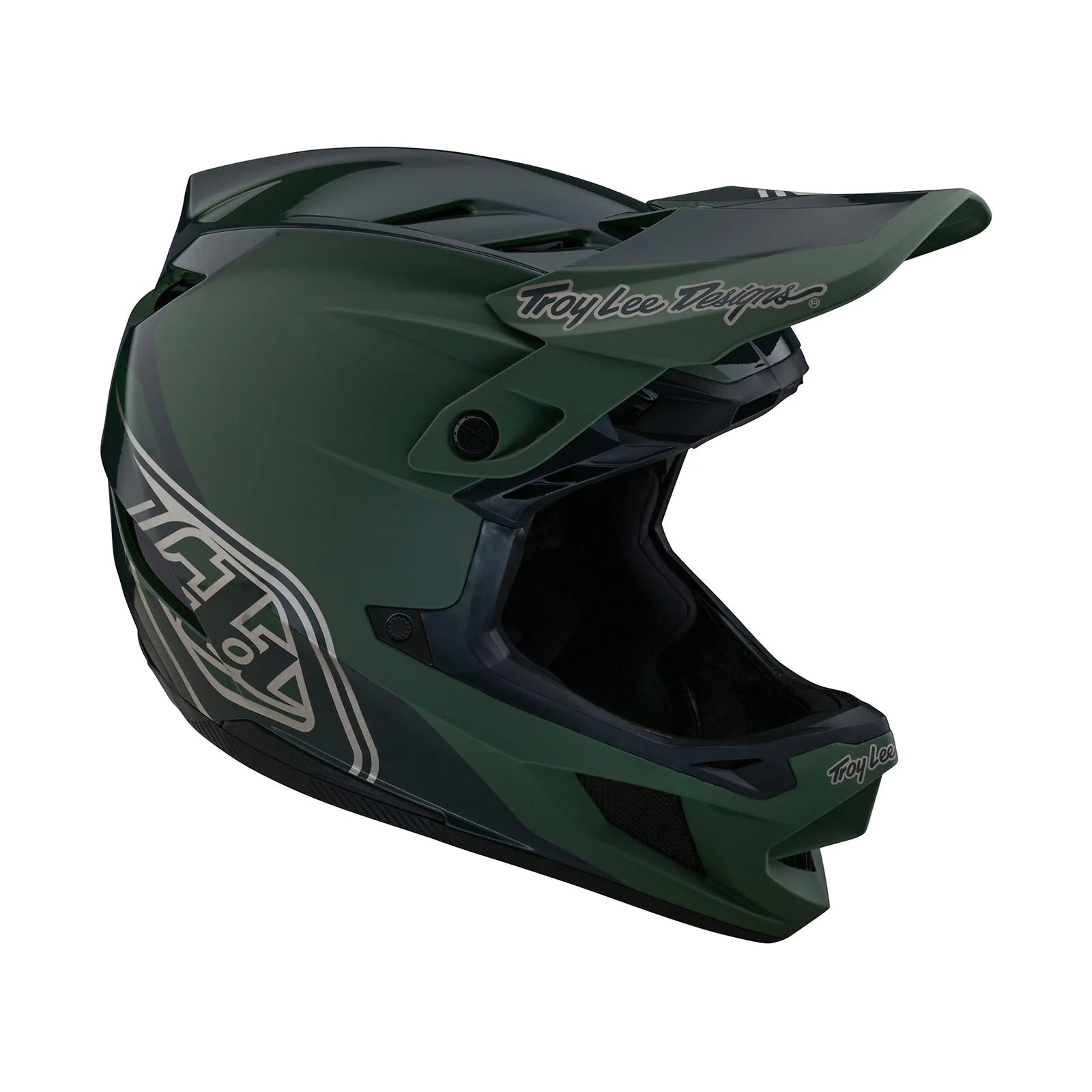 A TLD D4 AS Polyacrylite Helmet W/MIPS Shadow Olive with a black and green design.